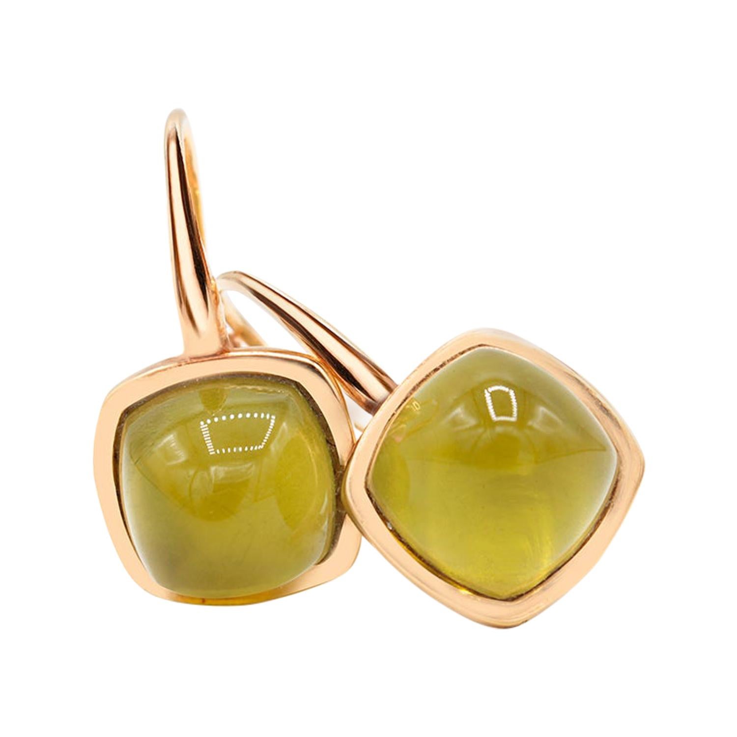 Hydrothermal Olive Quartz 18 Karat Yellow Gold Earrings For Sale