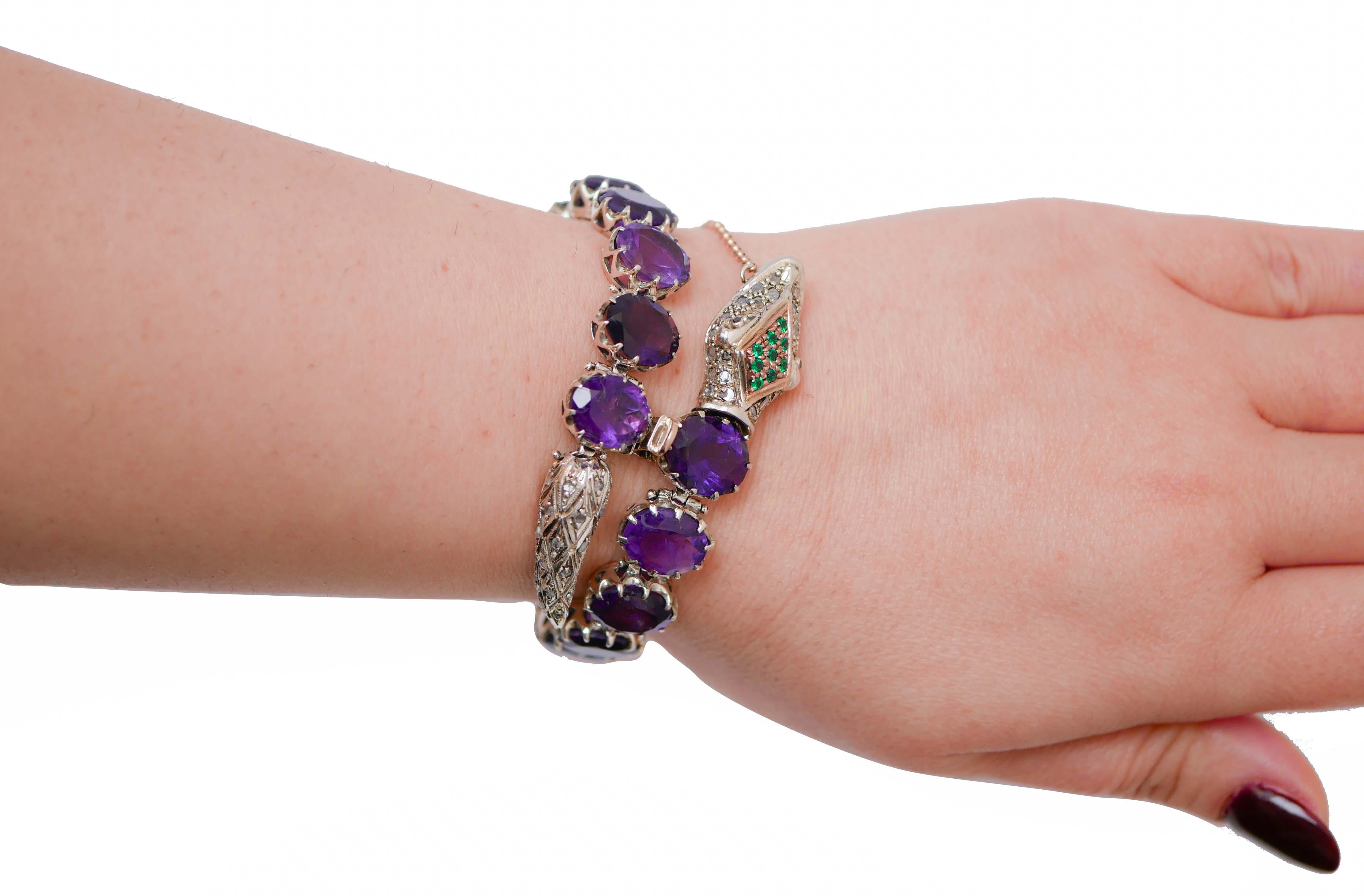 Mixed Cut Hydrothermal Spinel, Amethysts, Diamonds, Rose Gold and Silver Snake Bracelet. For Sale