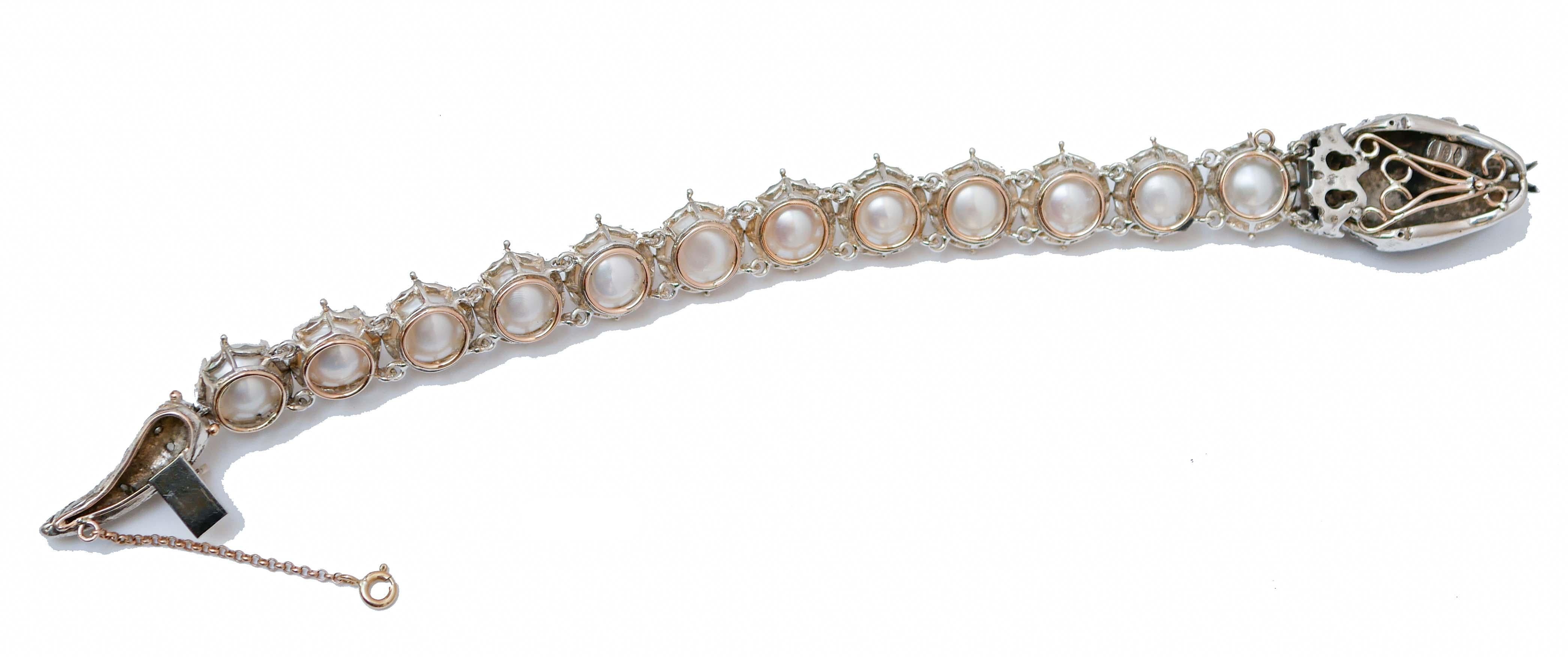 Retro Hydrothermal Spinel, Diamonds, Pearls, Lapis, Rose Gold and Silver  Bracelet. For Sale