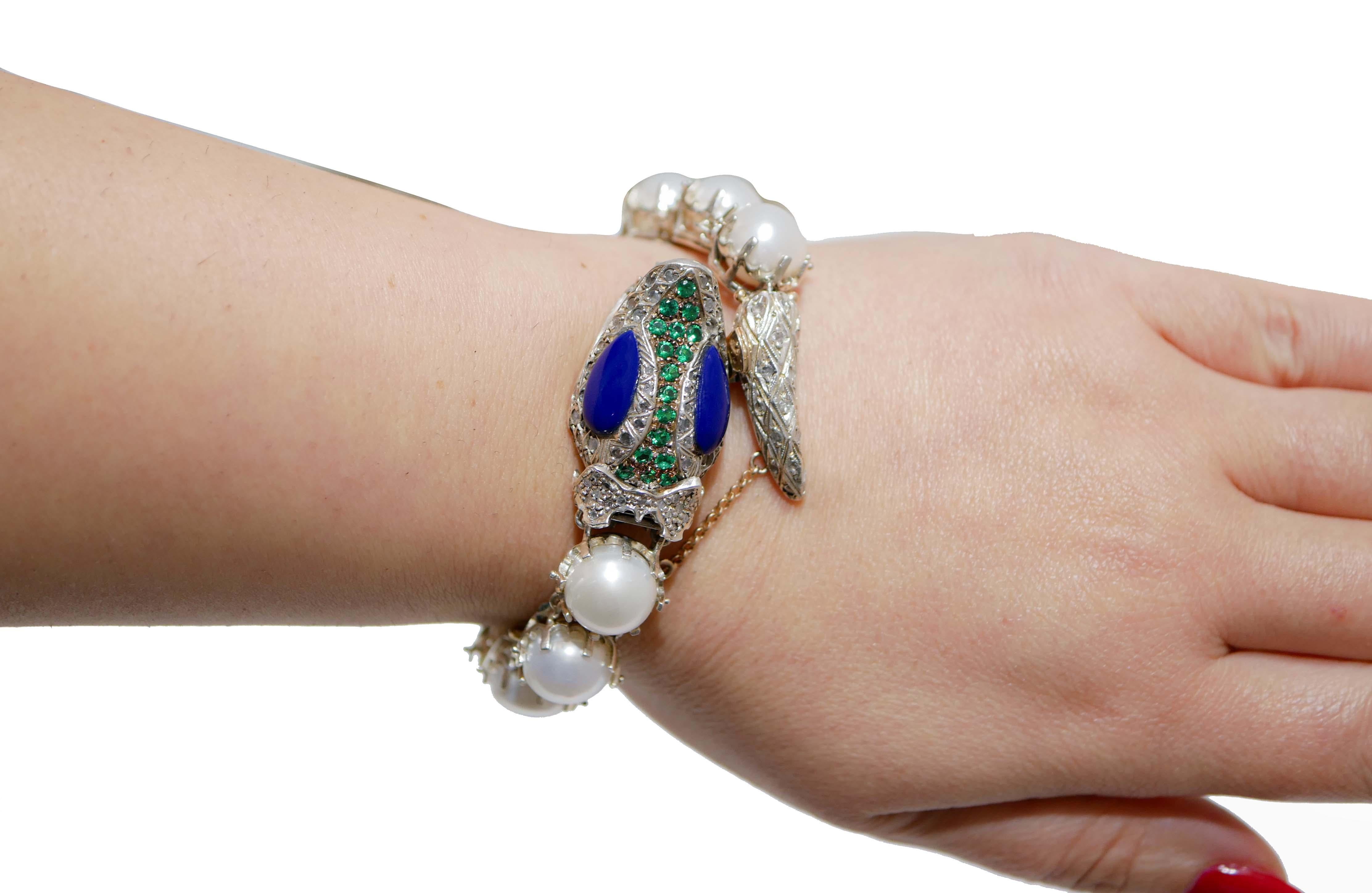 Mixed Cut Hydrothermal Spinel, Diamonds, Pearls, Lapis, Rose Gold and Silver  Bracelet. For Sale