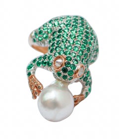 Hydrothermal Spinel, Pearl, Diamonds, Rose Gold and Silver Frog Ring.