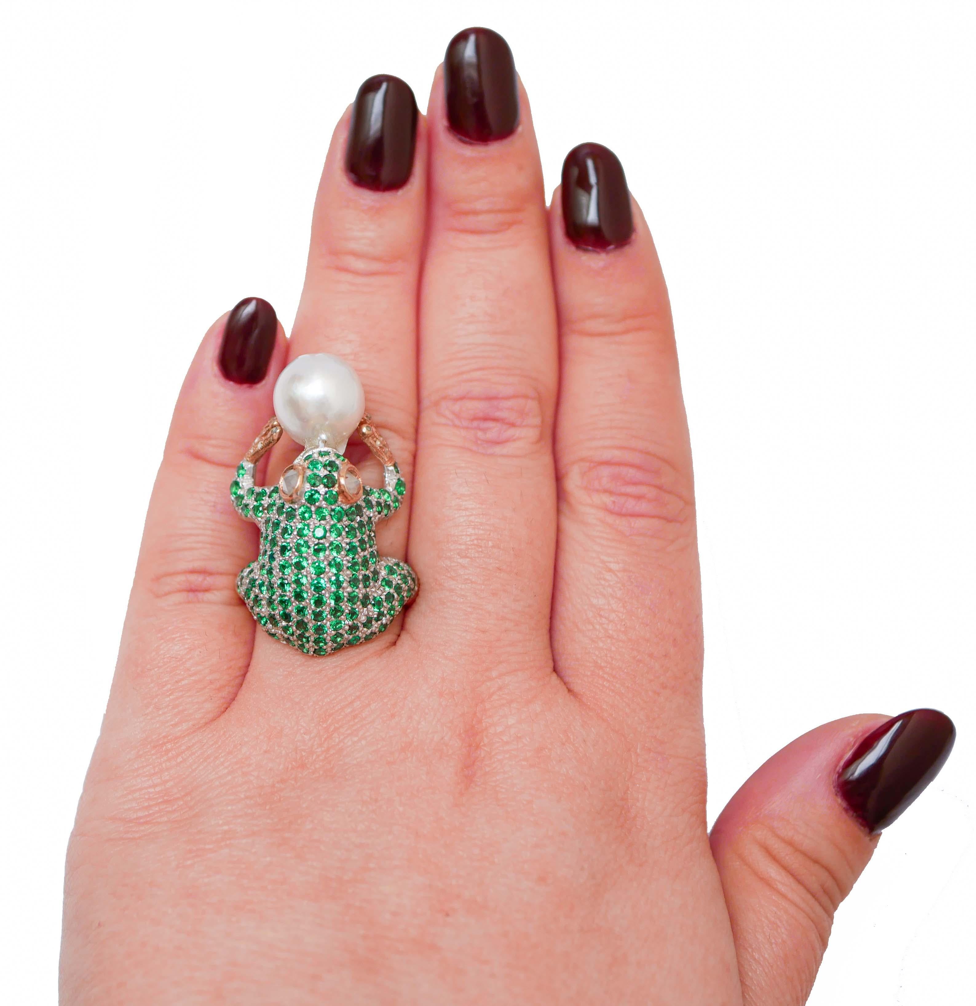 Mixed Cut Hydrothermal Spinel, Pearl, Diamonds, Rose Gold and Silver Frog Ring. For Sale