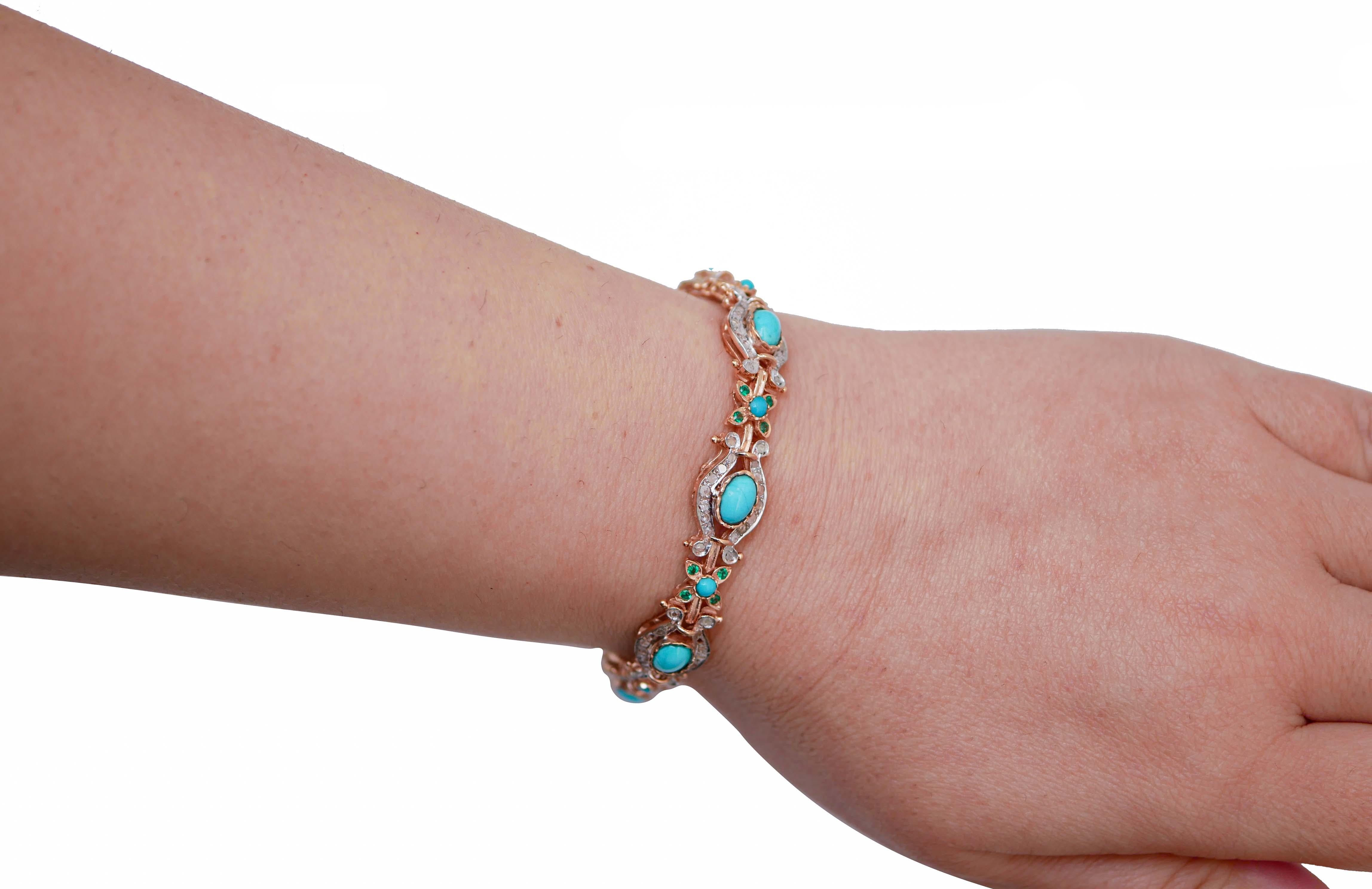 Mixed Cut Hydrothermal Spinel, Turquoise, Diamonds, Rose Gold and Silver Bracelet. For Sale