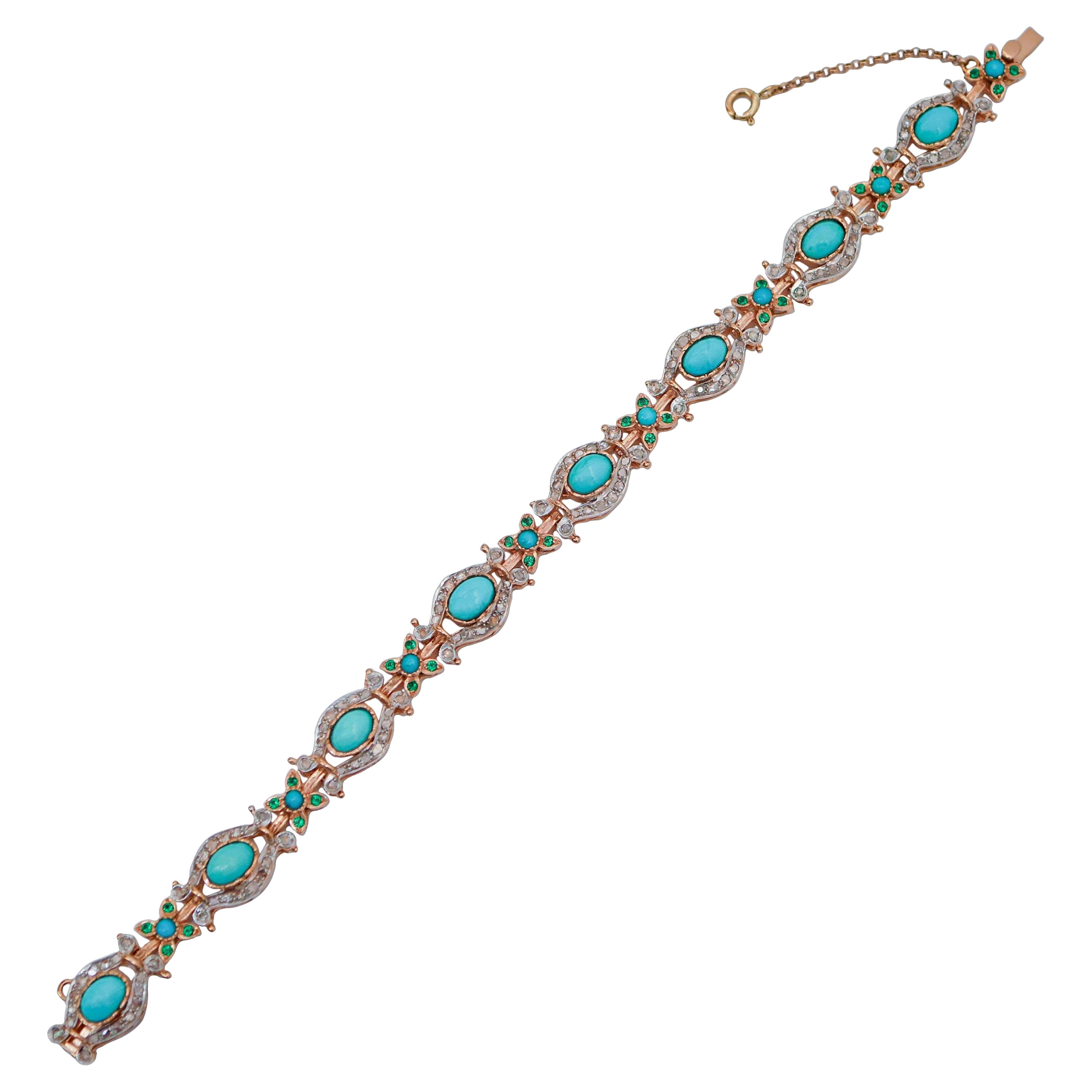 Bracelet hydrothermal spinelle, turquoise, diamants, or rose et argent