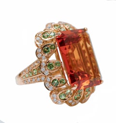 Hydrothermal Topaz, Tsavorite, Diamonds, 18 Karat Rose Gold Ring.
