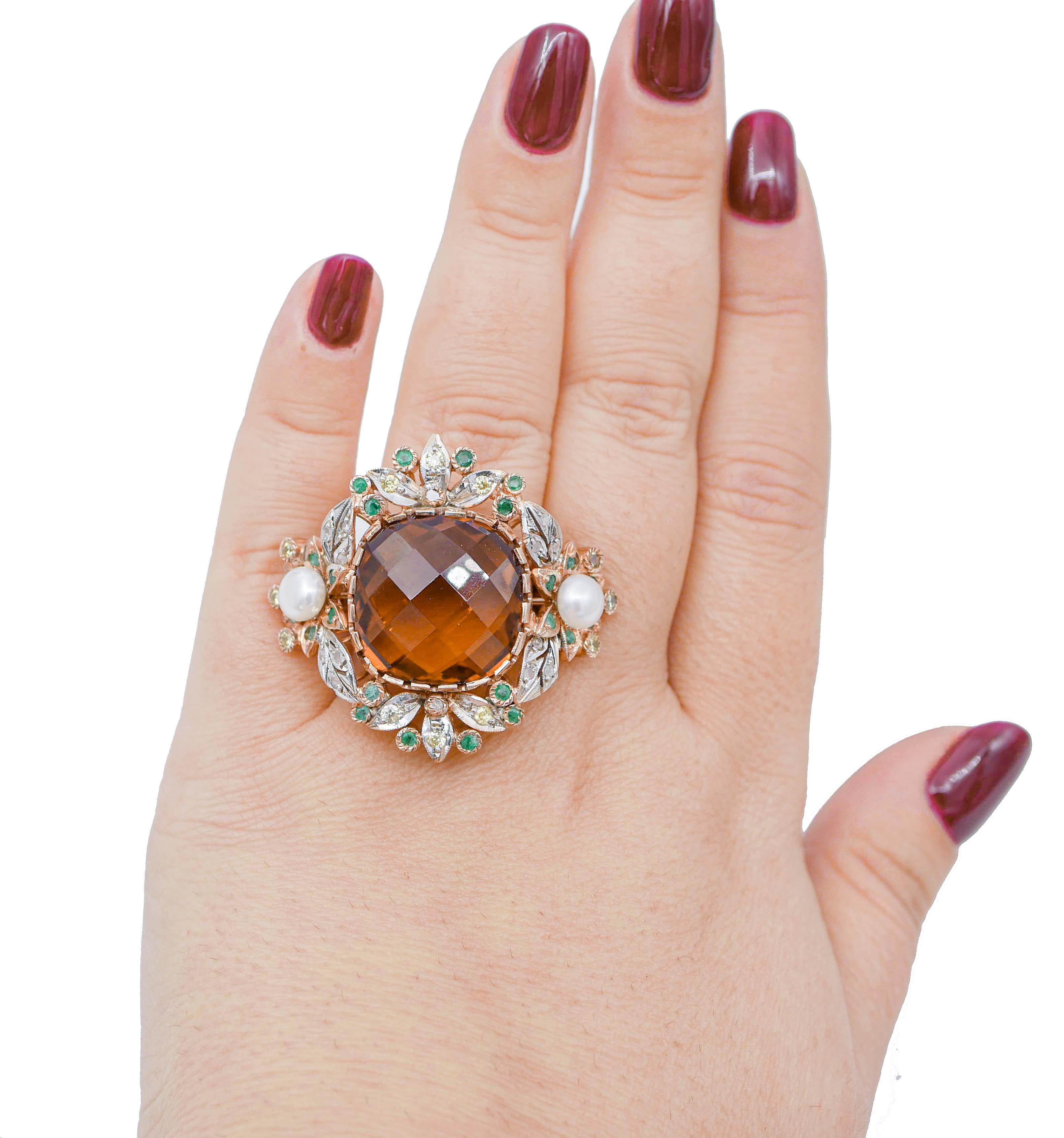 Mixed Cut Topaz, Emeralds, Diamonds, Pearls, Rose Gold and Silver Retrò Ring For Sale