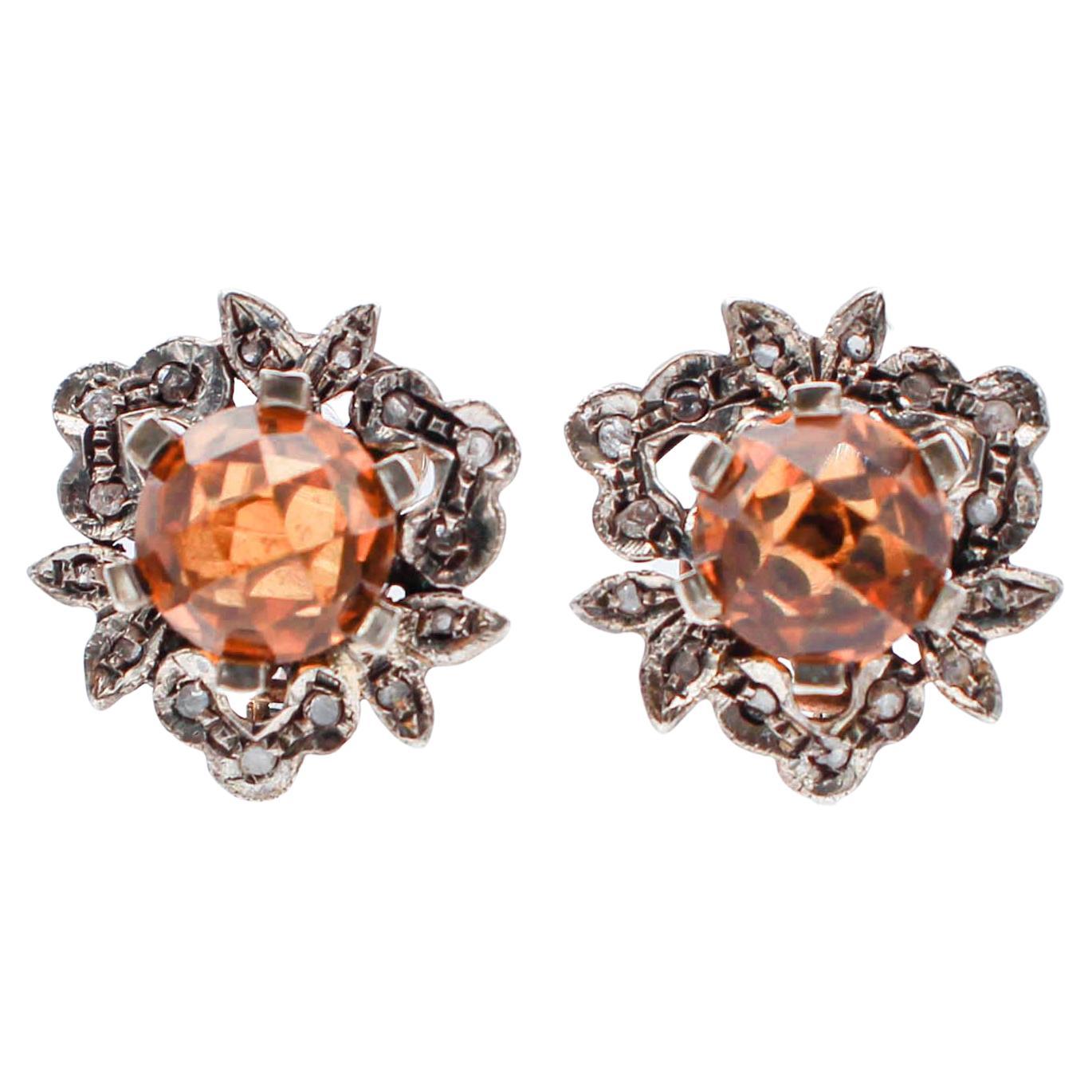 Topazs, Diamonds, 9 Karat Rose Gold and Silver Stud Earrings