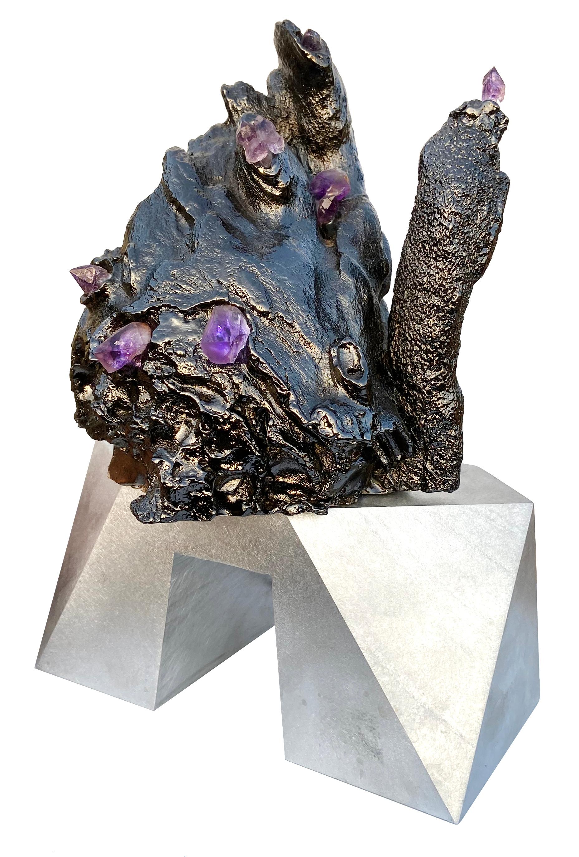 SEA SPONGE SERIES (“HYDROTHERMAL VENTS”)  
NATURAL LIGHT

Bronze-cast desert burl, Sonora Alandra double-terminated amethyst & ghost amethyst, milled aluminum base, LED lights, cloth-covered cord, 2019-20, 7.125 x 3.375 x 10 in. 

Micah Heimlich is