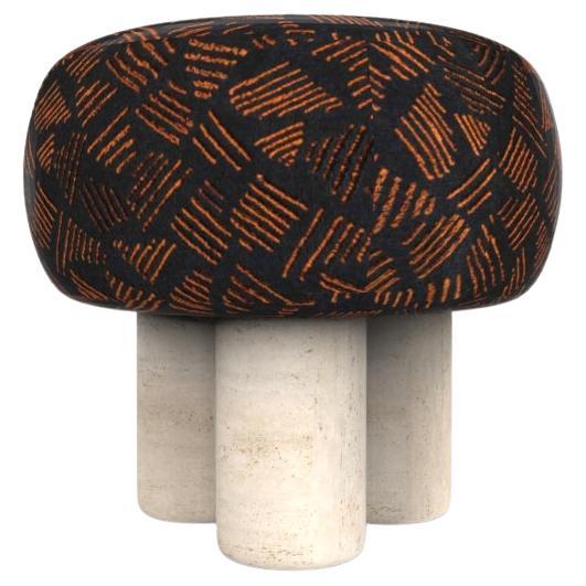 Hygge Puff Designed by Saccal Design House in Marine Kuba Fabric & Travertine For Sale