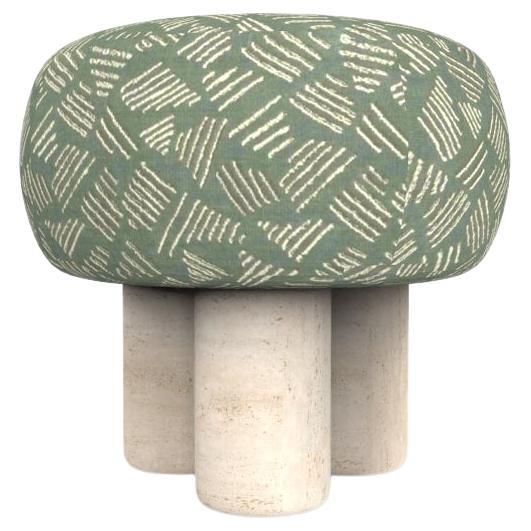 Hygge Puff Designed by Saccal Design House in Sea Glass Kuba Fabric & Travertine For Sale