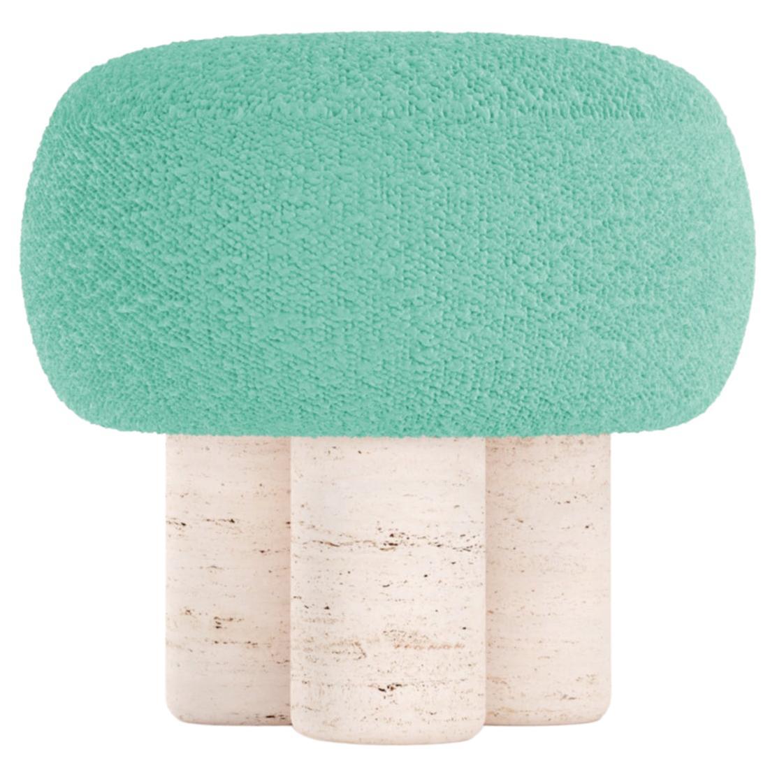 Hygge-Hocker entworfen von Saccal Design House, Boucle Teal, Travertin