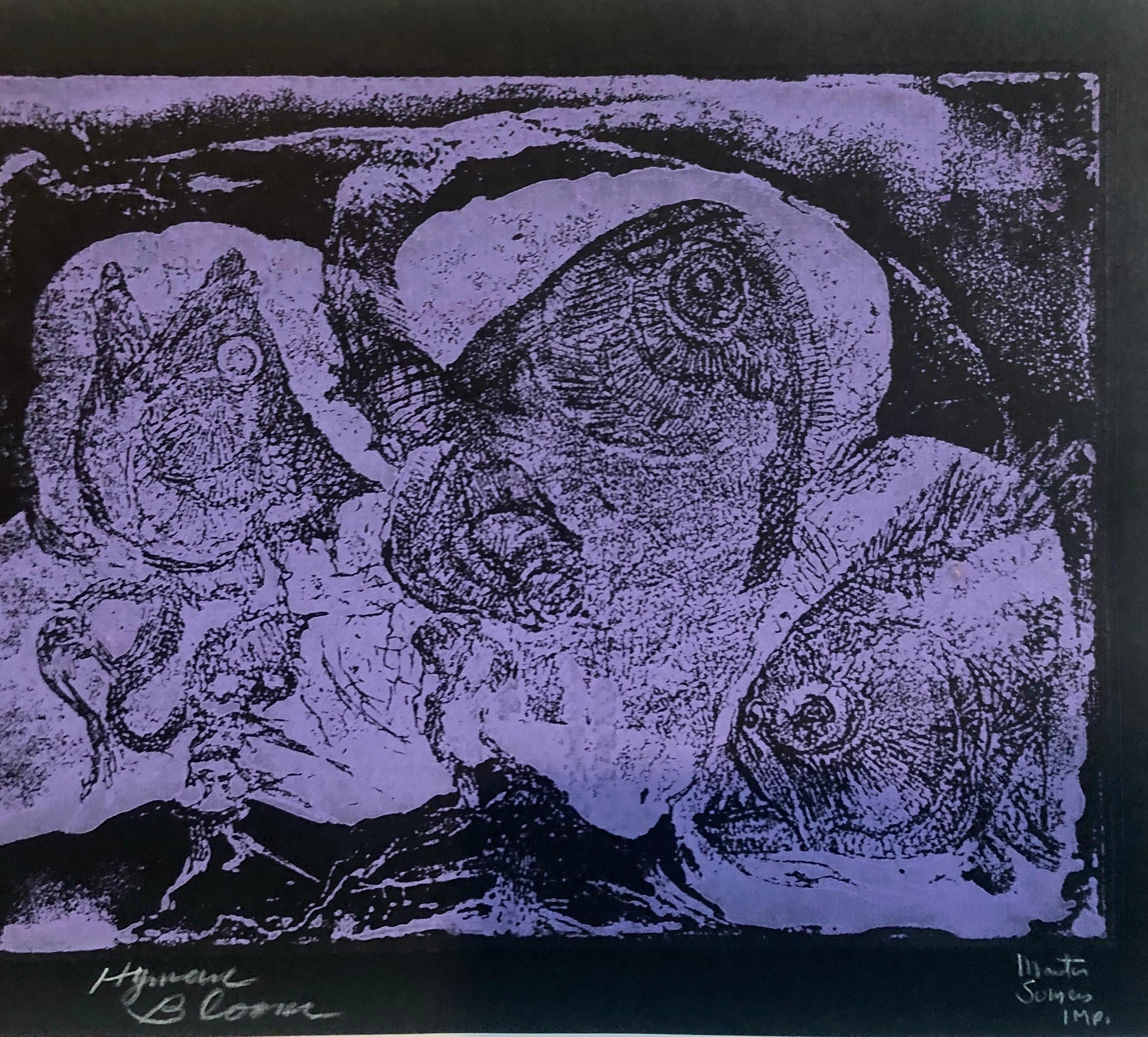 This is a unique artwork. This is not editioned. This is an exceptional single print which was part of a collaboration between him and fellow artist and his very good friend Martin Sumers. Purple ink or oil on black paper. There are more than one of
