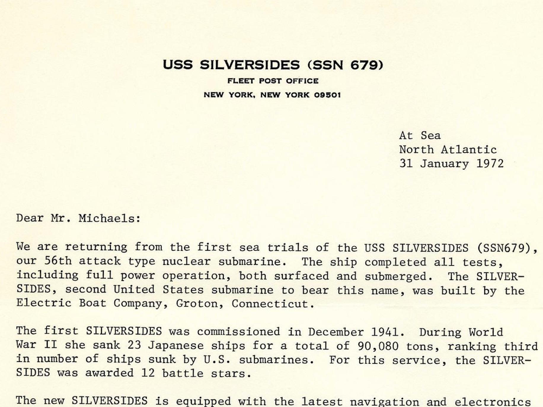 Presented is an original typed and signed letter from Vice Admiral Rickover to Robert L. Michaels, dated January 31, 1972, regarding the capabilities of U.S. nuclear-powered submarines. 

In this interesting letter, Vice Admiral Rickover writes