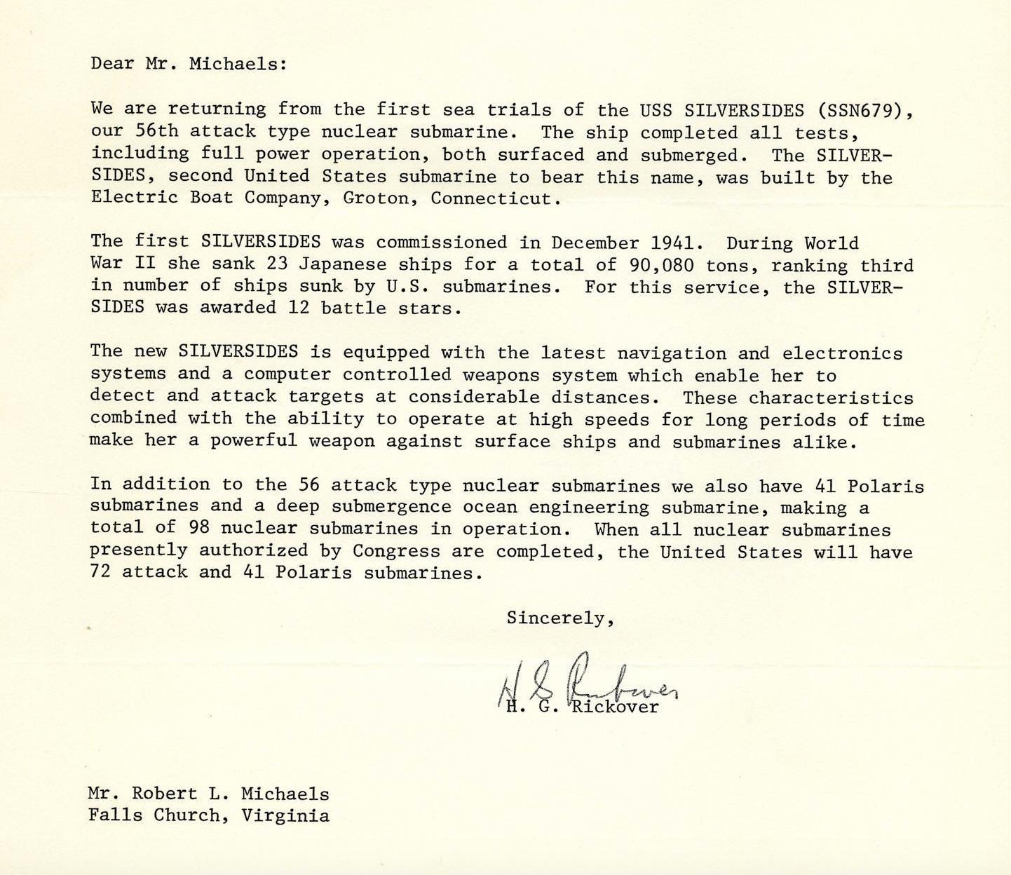 Américain Lettre signée de Hyman G. Rickover à Robert L. Michaels:: contenu exceptionnel:: 1972 en vente