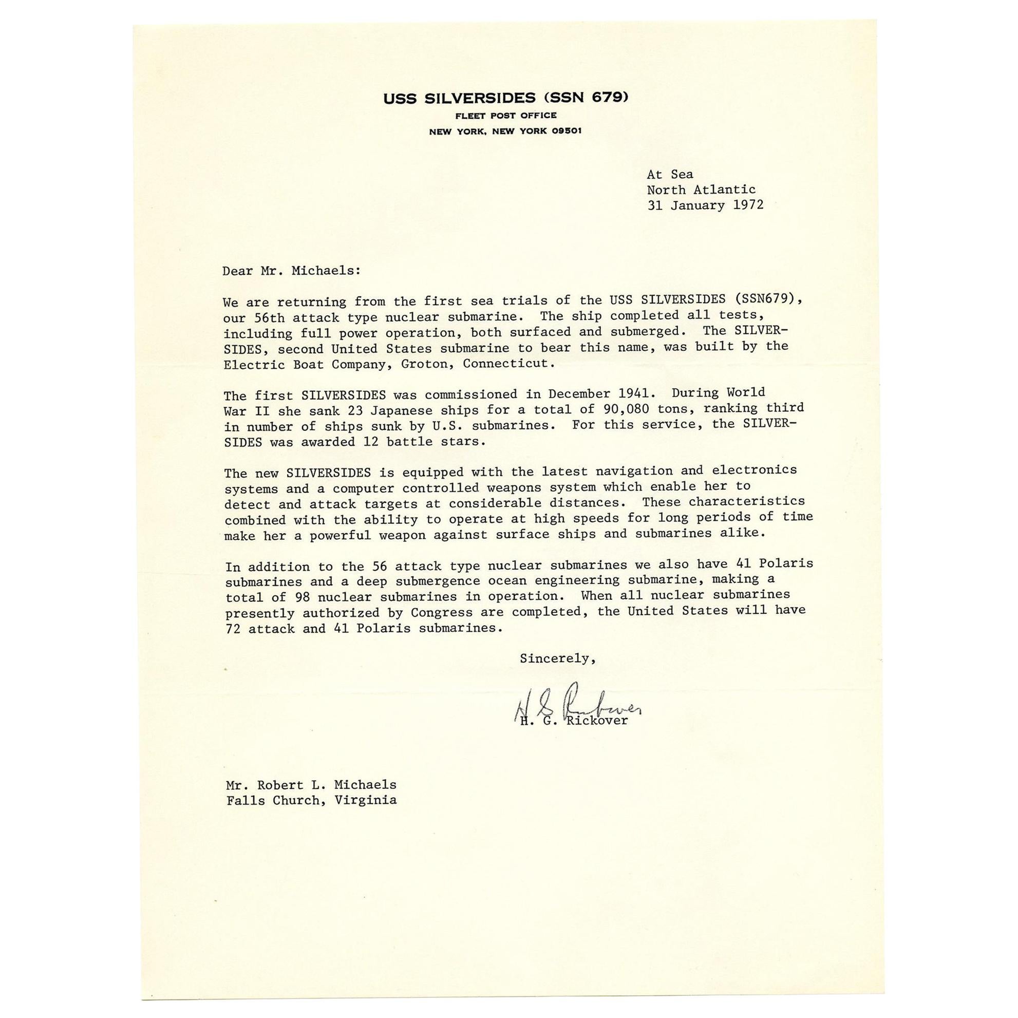 Hyman G. Rickover Signed Letter to Robert L. Michaels, Exceptional Content, 1972 For Sale
