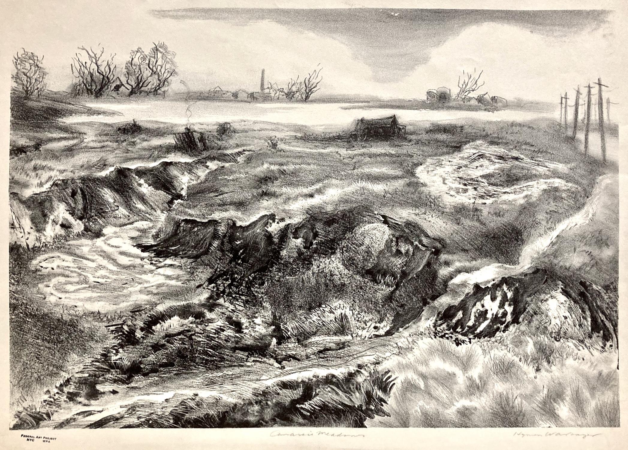An amazing New York City subject, Canarsie Meadows, is a lithograph by New York native Hyman J. Warsager (1909-1974). He was a painter and printmaker, technical innovator, and song writer. He was also recognized for a strong social conscience. His