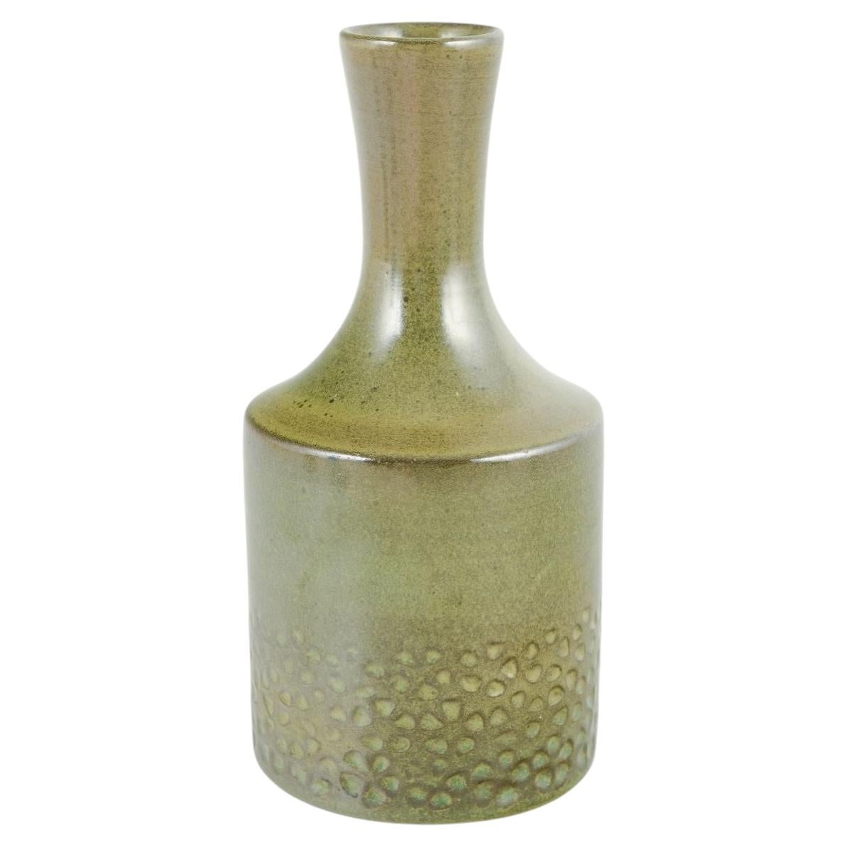 Hyonsun Rhee, Upsala Ekeby. Ceramic vase with green glaze and relief decoration. For Sale