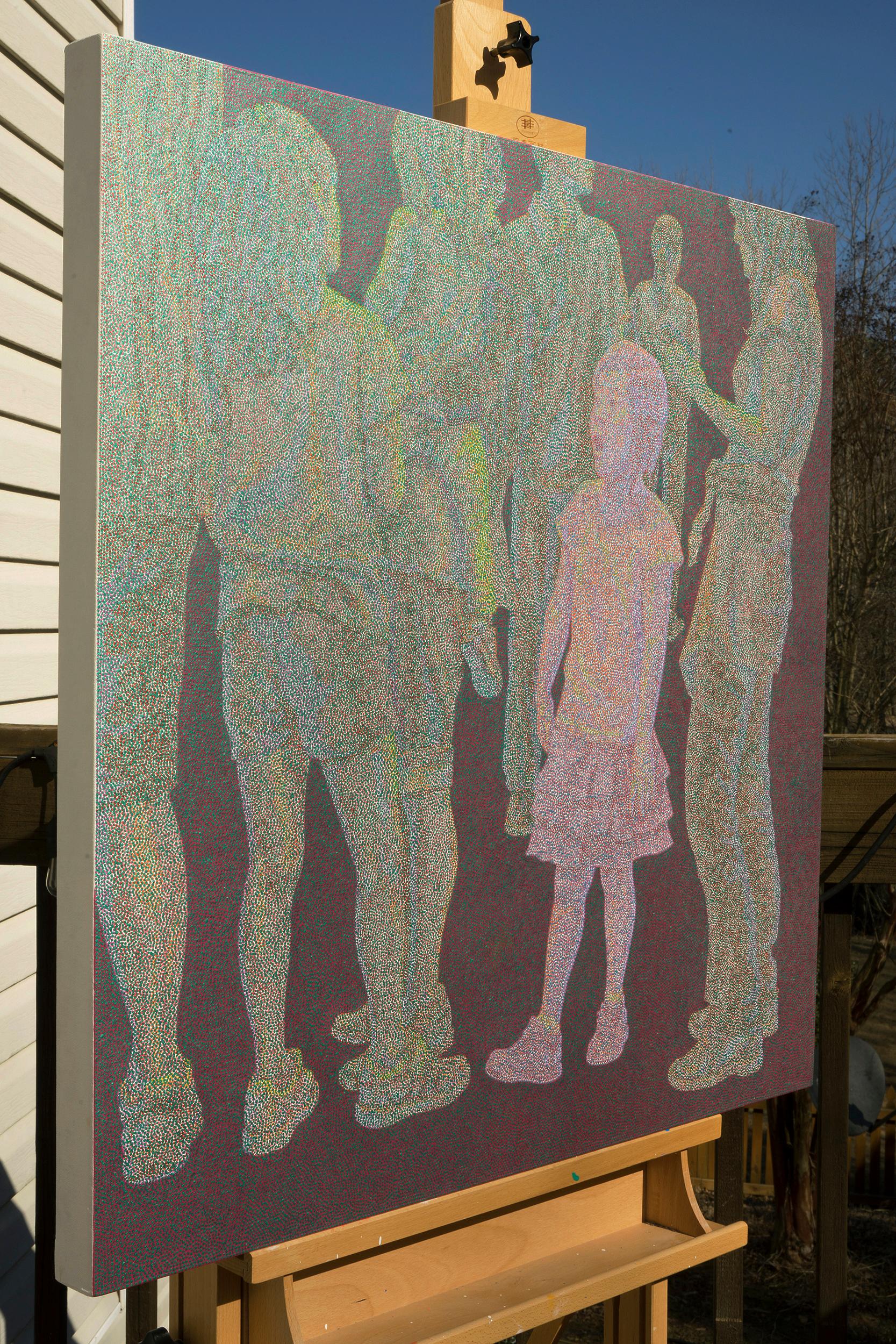 <p>Artist Comments<br>Artist Hyoungseok Kim paints human figures in green pointillism except for a little girl in pink. He emphasizes nature's material and scientific features by expressing the flow of dots or particles. Hyoungseok shares an excerpt