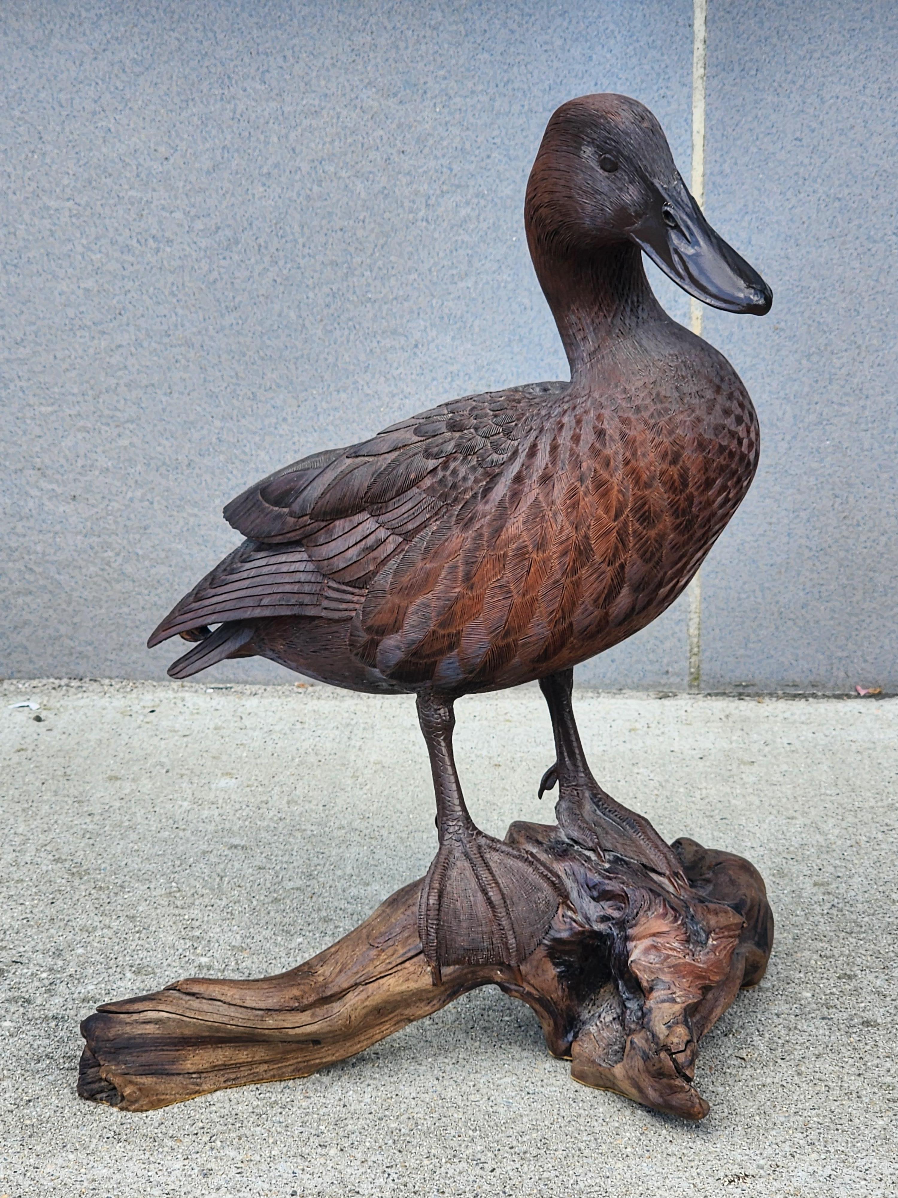 20th Century Hyper Realistic Wooden Duck Carving Signed ELF