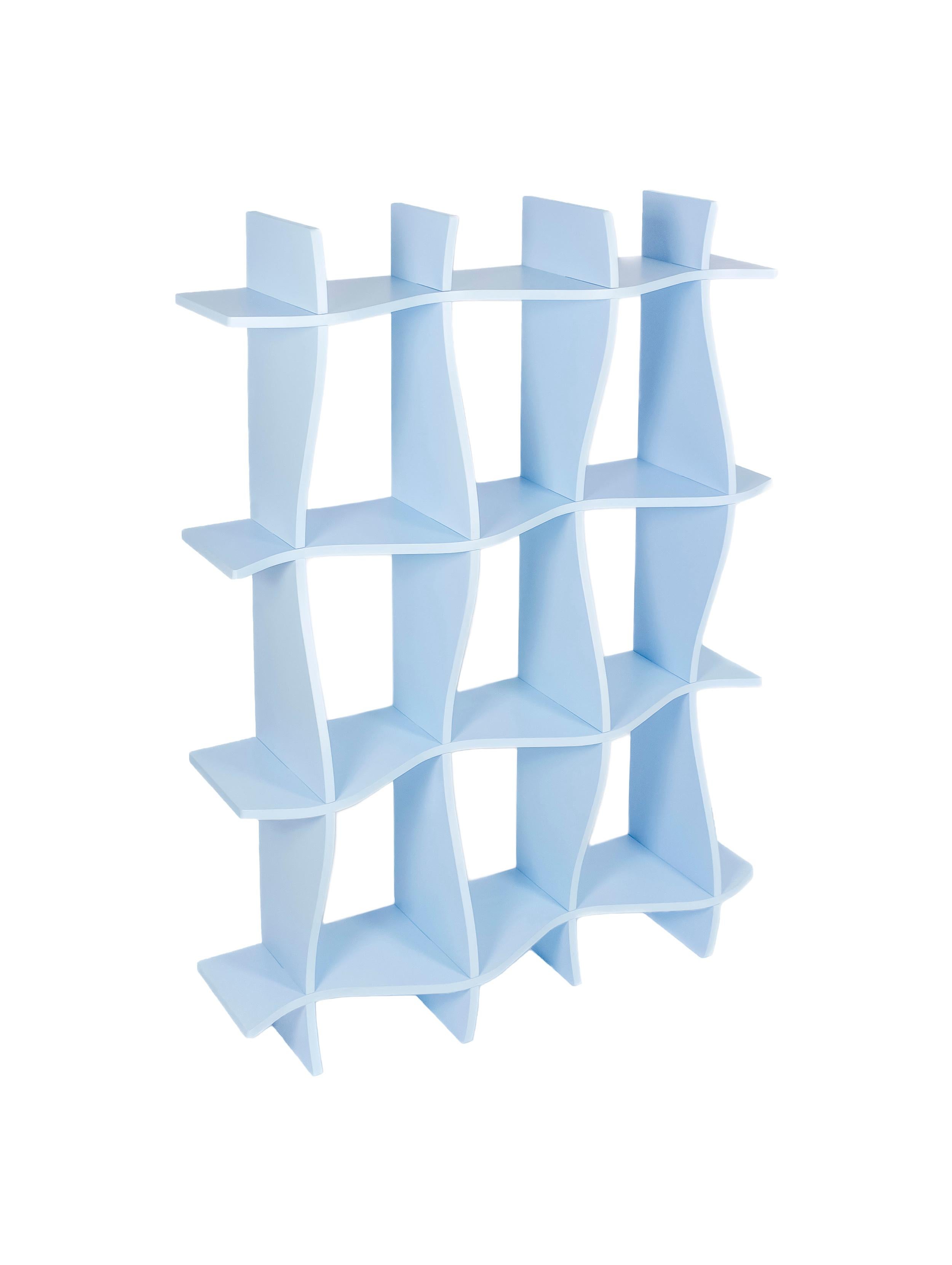 A multi directional wavy shelf designed for small and large spaces. Place it horizontally or vertically, you decide!

Material: Wood
Colors: Milk Blue
Dimensions: W 59 x H 44 x D 12 in (150 x 112 x 30 cm)
Self Assembly - Shelf is delivered in a flat