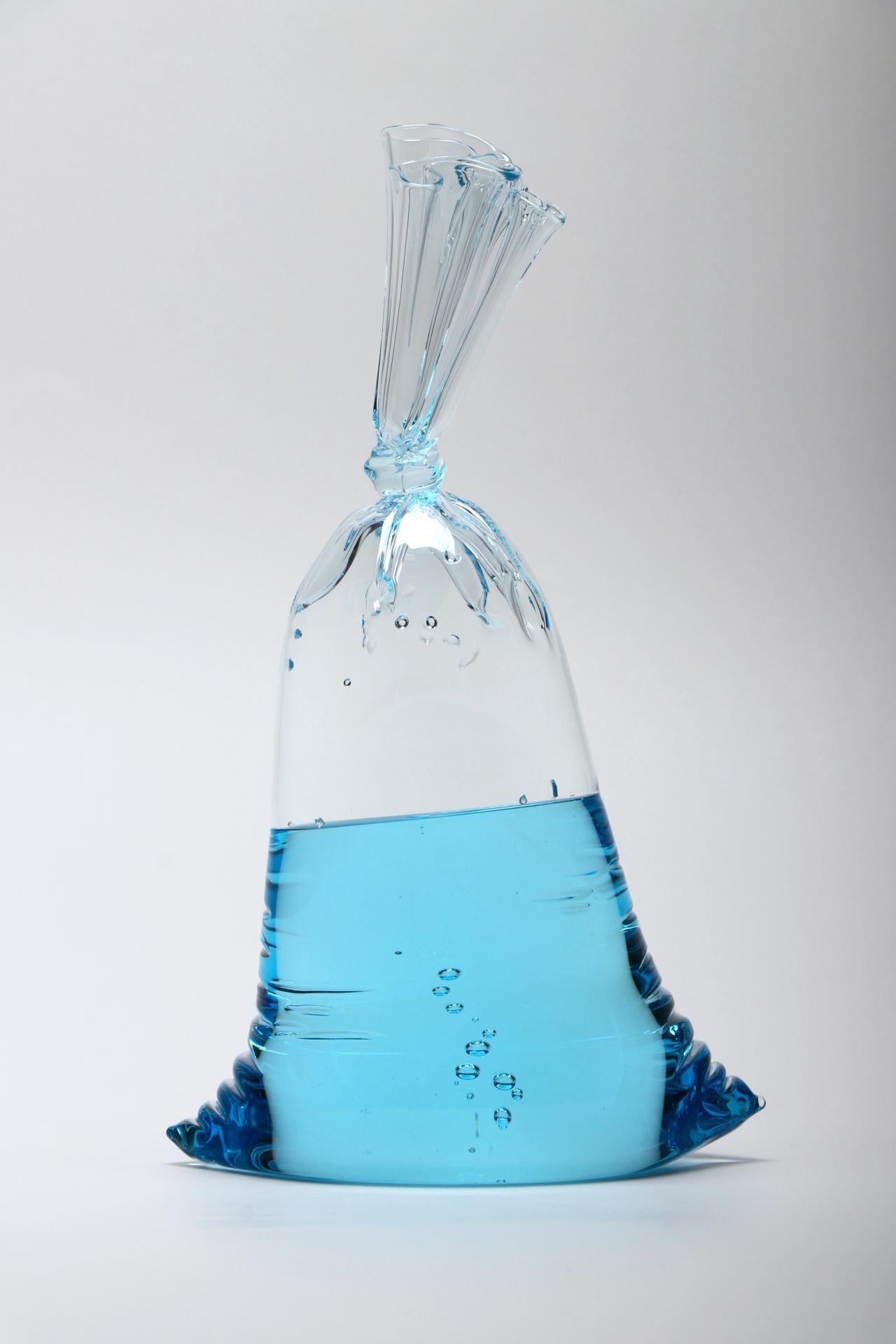 Modern Hyperreal blue glass water bag trio sculpture installation For Sale
