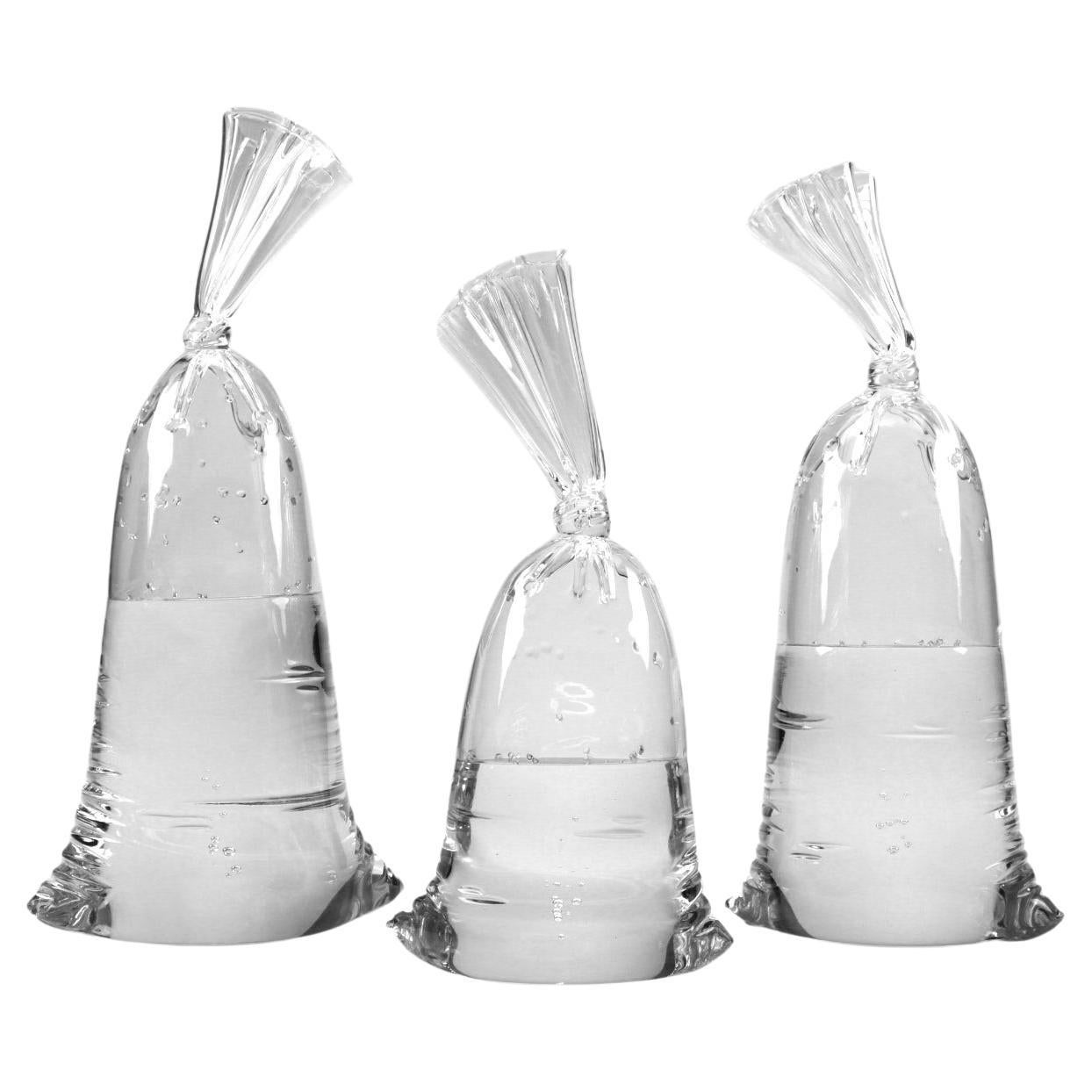 Hyperreal glass water bag sculpture trio For Sale