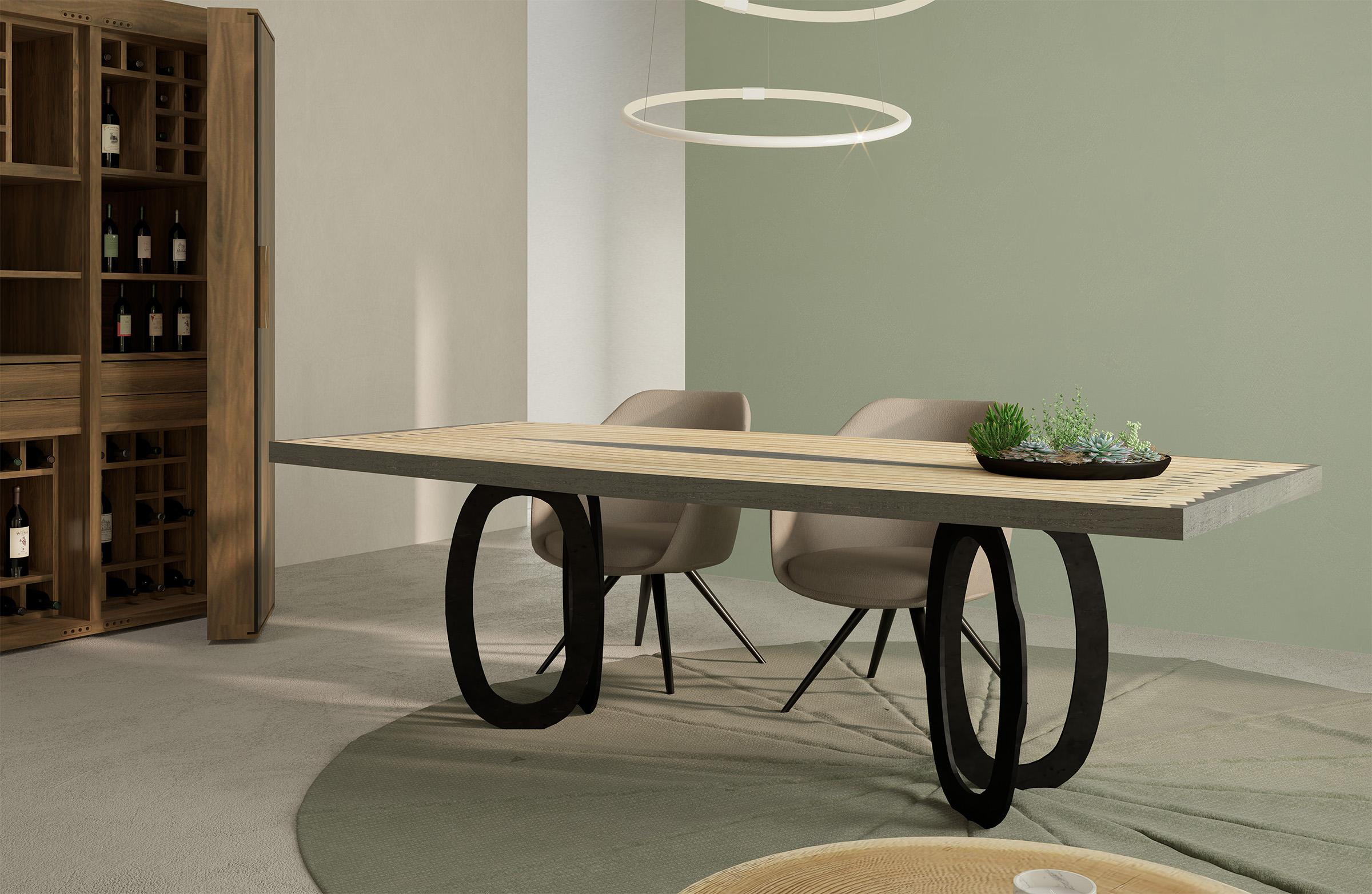Hypnotic Wood & Iron Dining Table, Designed by Studio Excalibur, Made in Italy For Sale 1