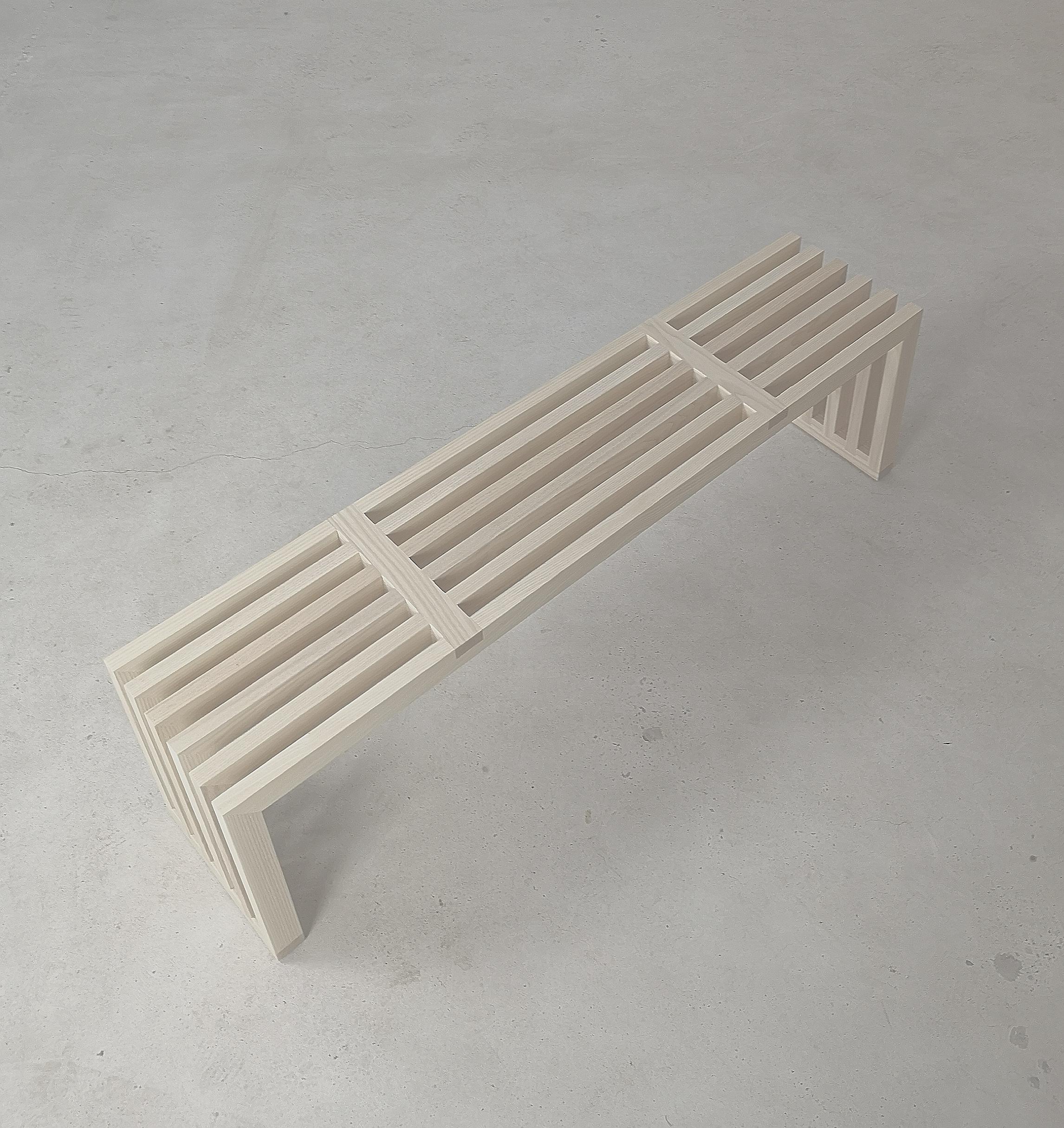 Hypnotizm is the perfect bench for entryway, foot of your bed, additional dining room seating, or as a hall table. With an obvious nod to George Nelson, this slatted bench is visually light but impactful. Height, width, and length are all