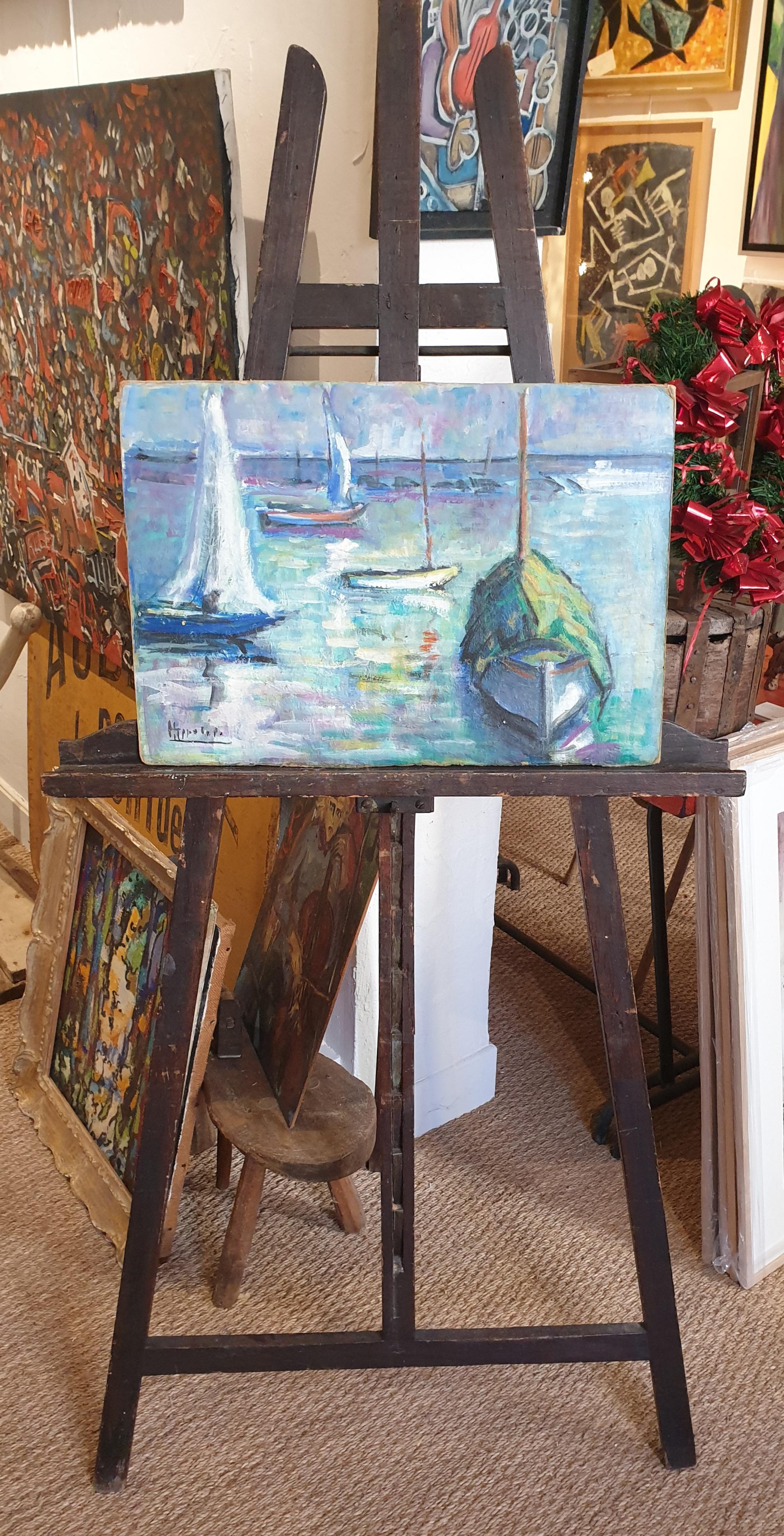 Fauvist Mid-Century Oil on Board of Boats at Anchor. For Sale 5
