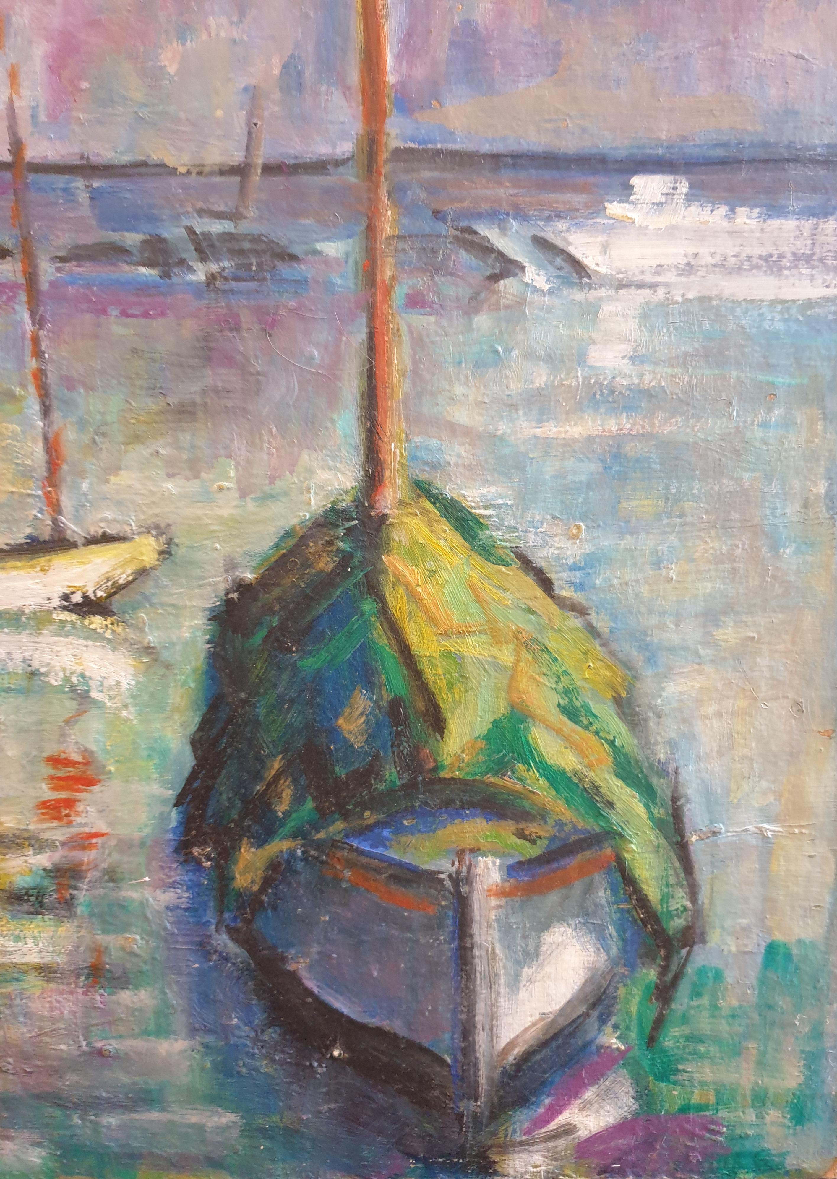 Fauvist Mid-Century Oil on Board of Boats at Anchor. - Painting by Hyppolite Roger