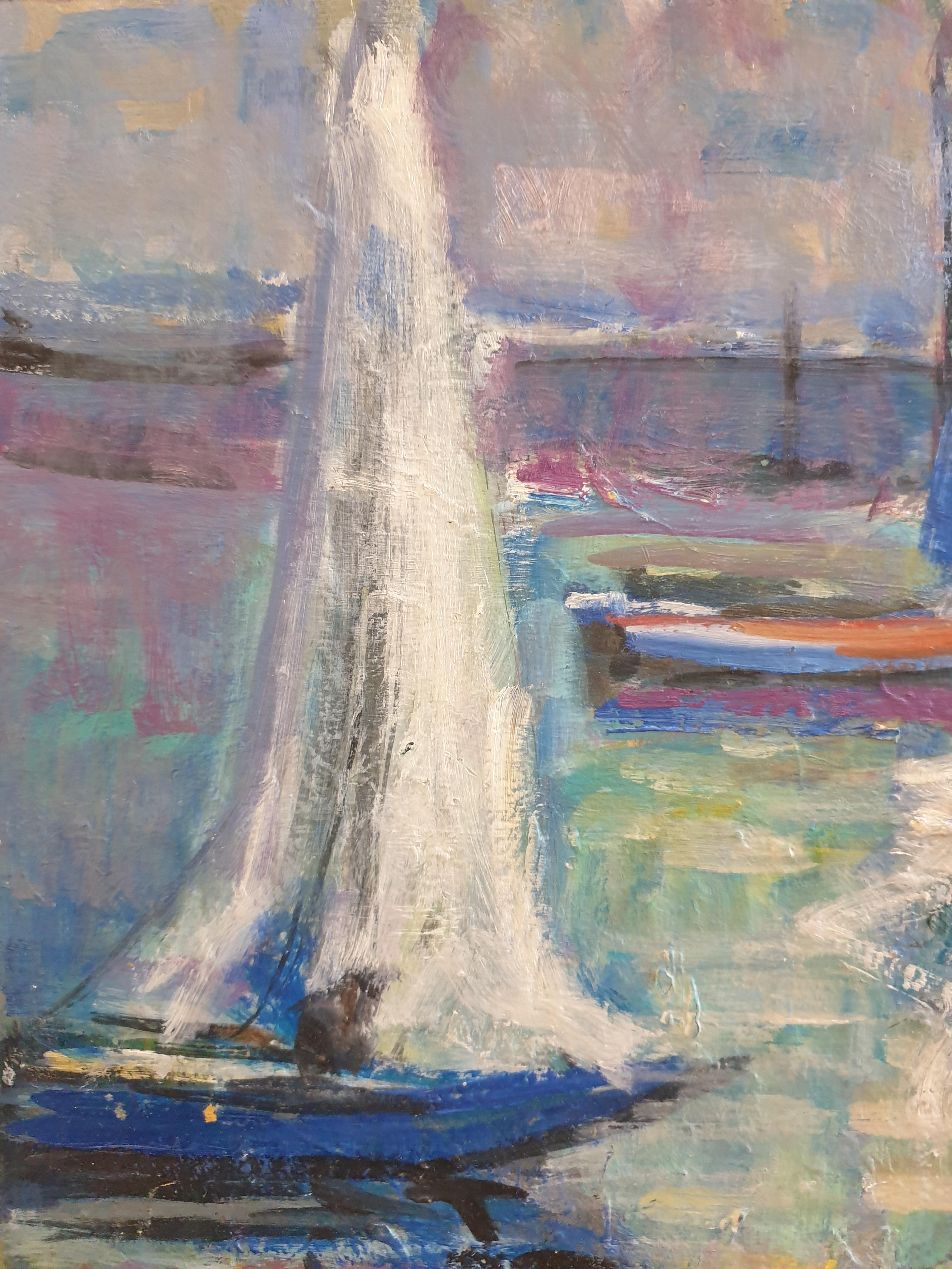 Fauvist Mid-Century Oil on Board of Boats at Anchor. - Gray Landscape Painting by Hyppolite Roger