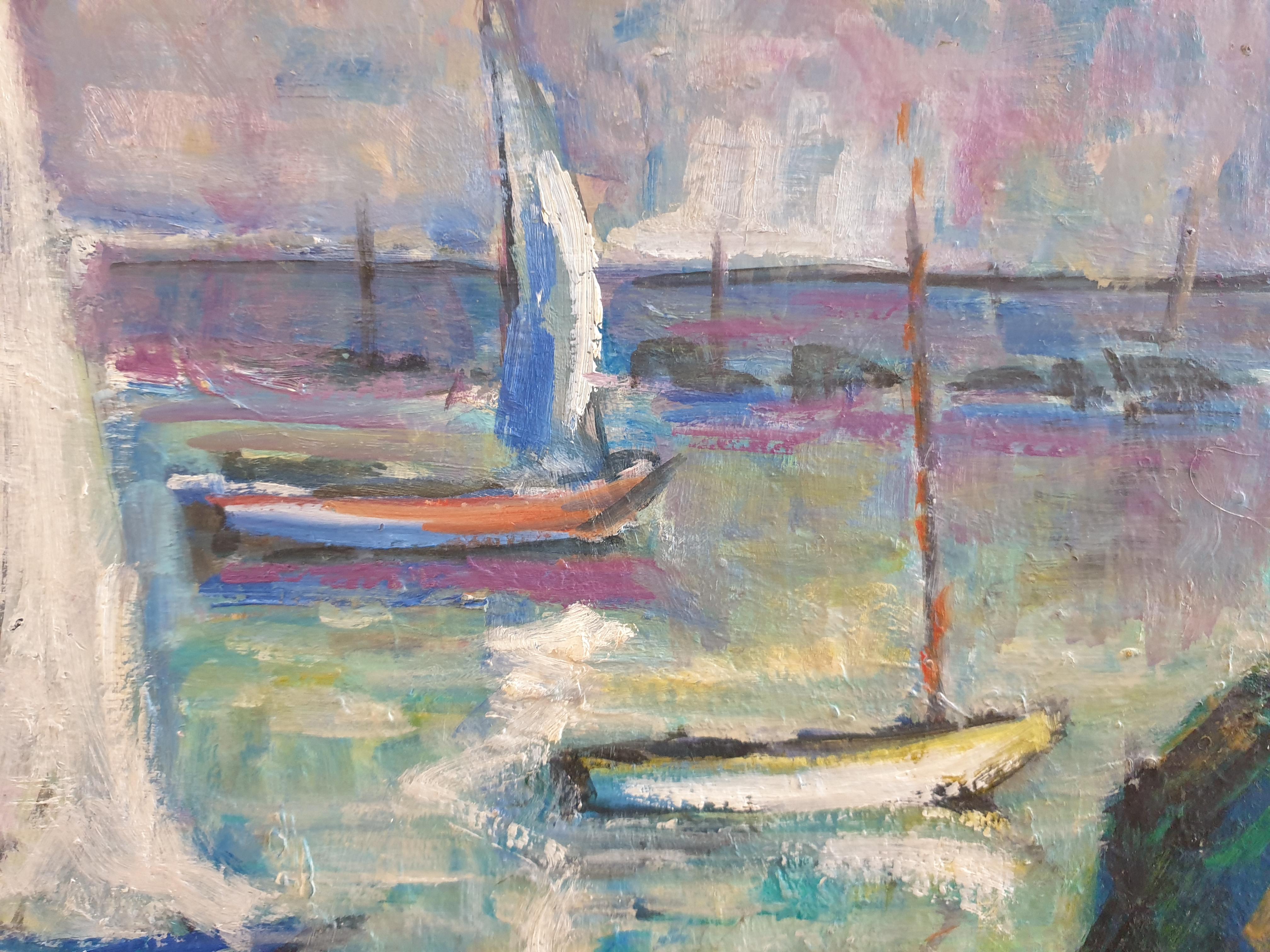 French Mid 20th Century oil on board Fauvist view of boats at anchor, probably near Nice in the South of France by Hyppolite Roger. Signed bottom left. The painting has another equally lovely painting of a provencal village street scene to the