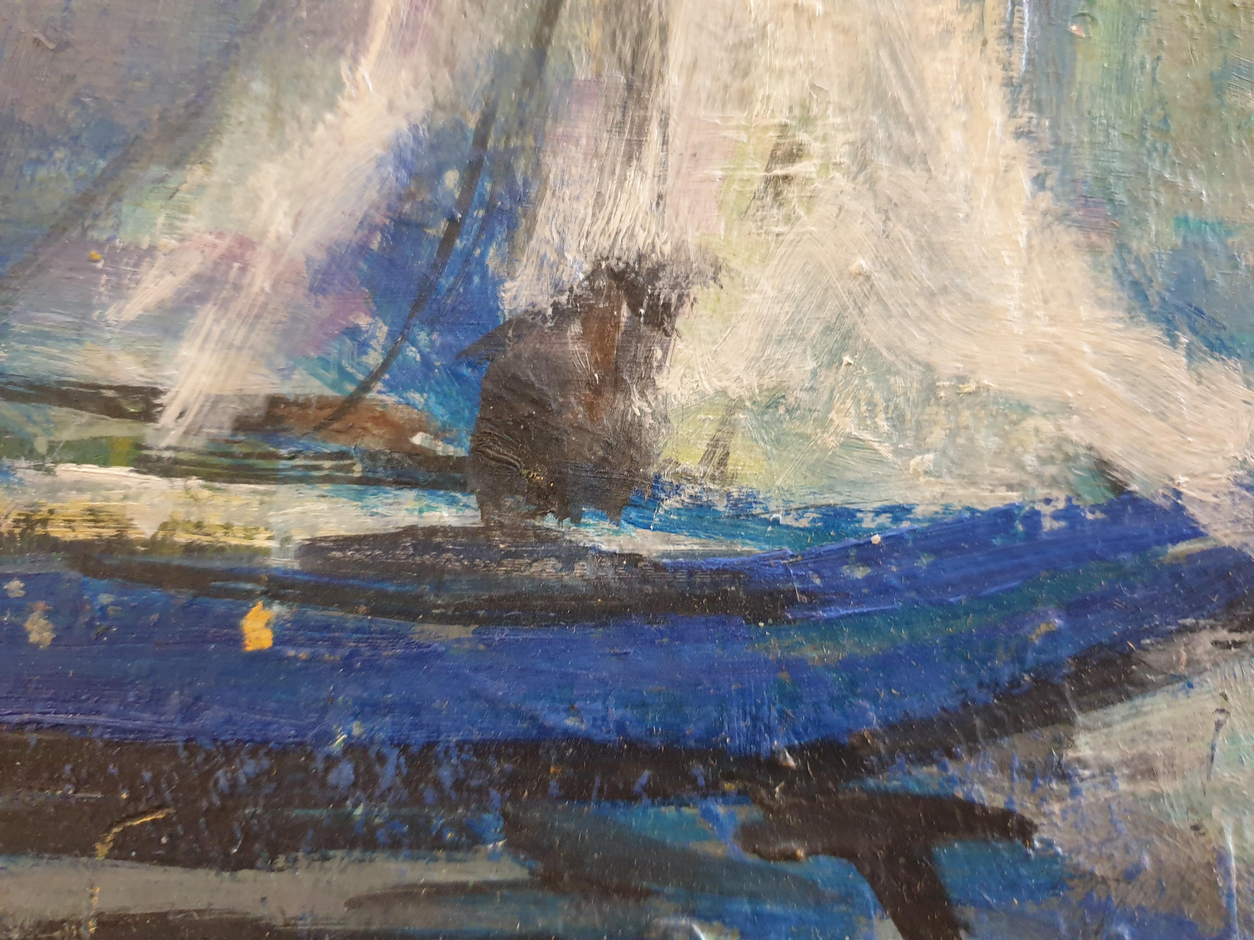 Fauvist Mid-Century Oil on Board of Boats at Anchor. For Sale 2