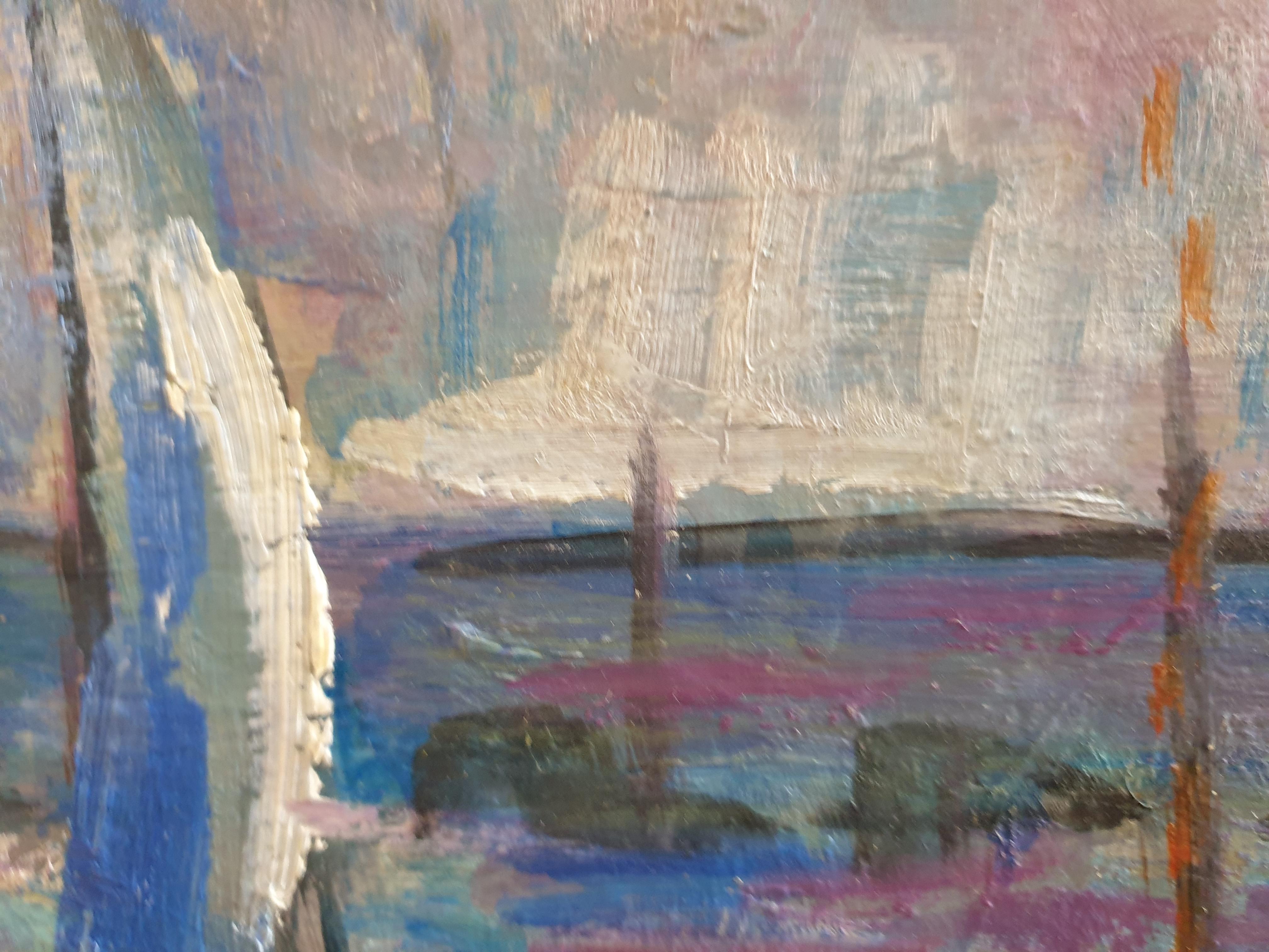 Fauvist Mid-Century Oil on Board of Boats at Anchor. For Sale 3