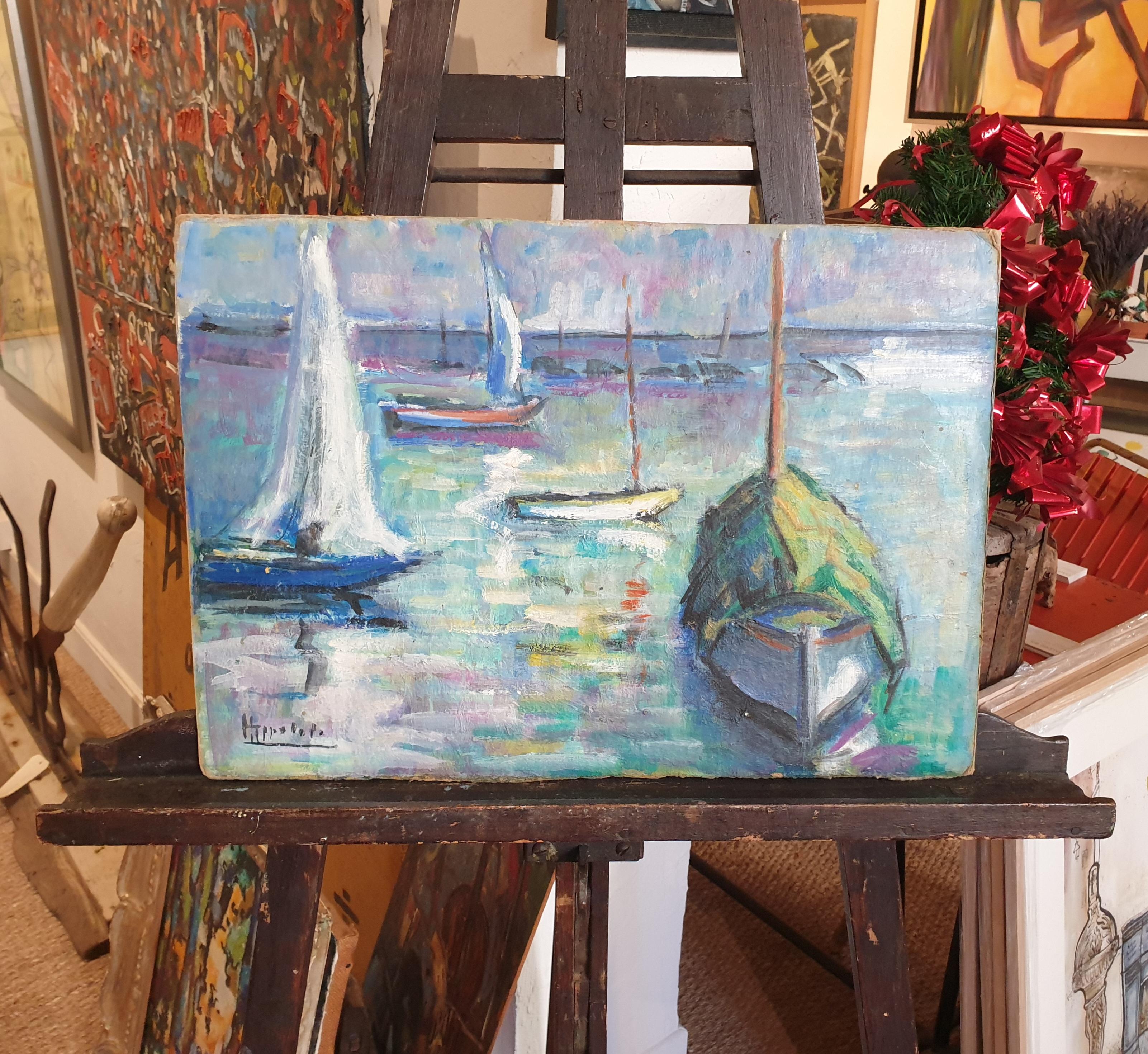 Fauvist Mid-Century Oil on Board of Boats at Anchor. For Sale 4