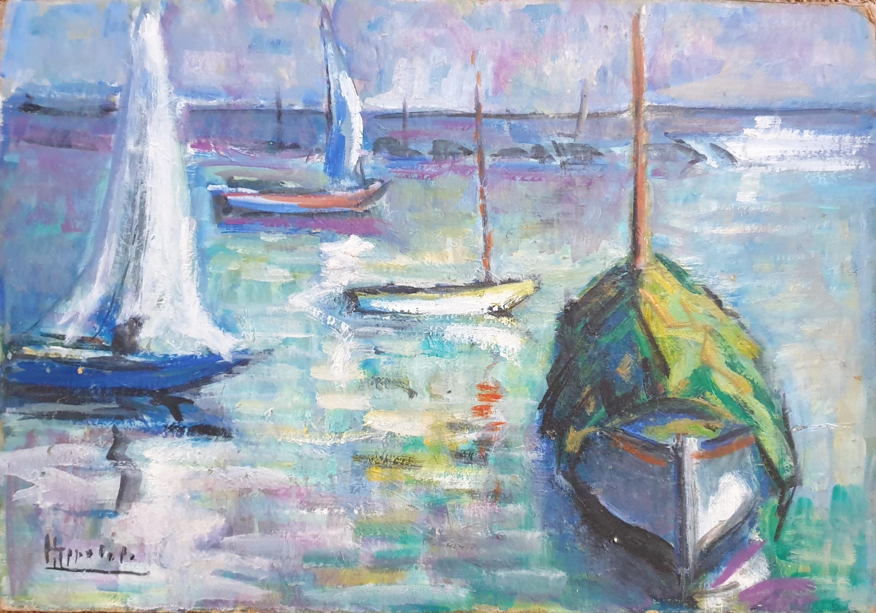 Landscape Painting Hyppolite Roger - Huile sur panneau fauve du milieu du siècle représentant des bateaux à l'ancre.