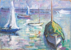 Fauvist Mid-Century Oil on Board of Boats at Anchor.