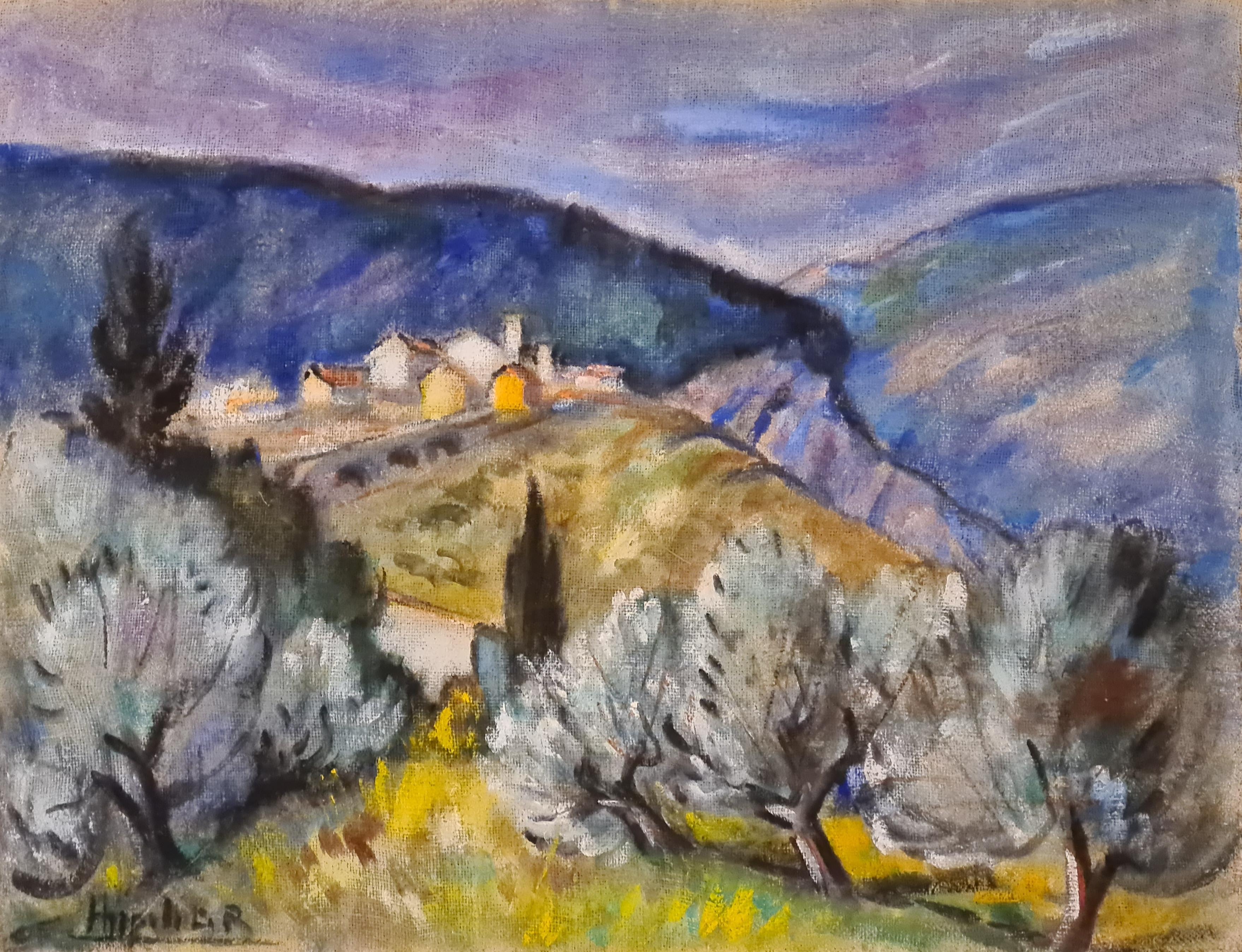 Hyppolite Roger Landscape Painting - Fauvist Paysage, Oil on Canvas of Coaraze, near Nice, Côte d’Azur.  