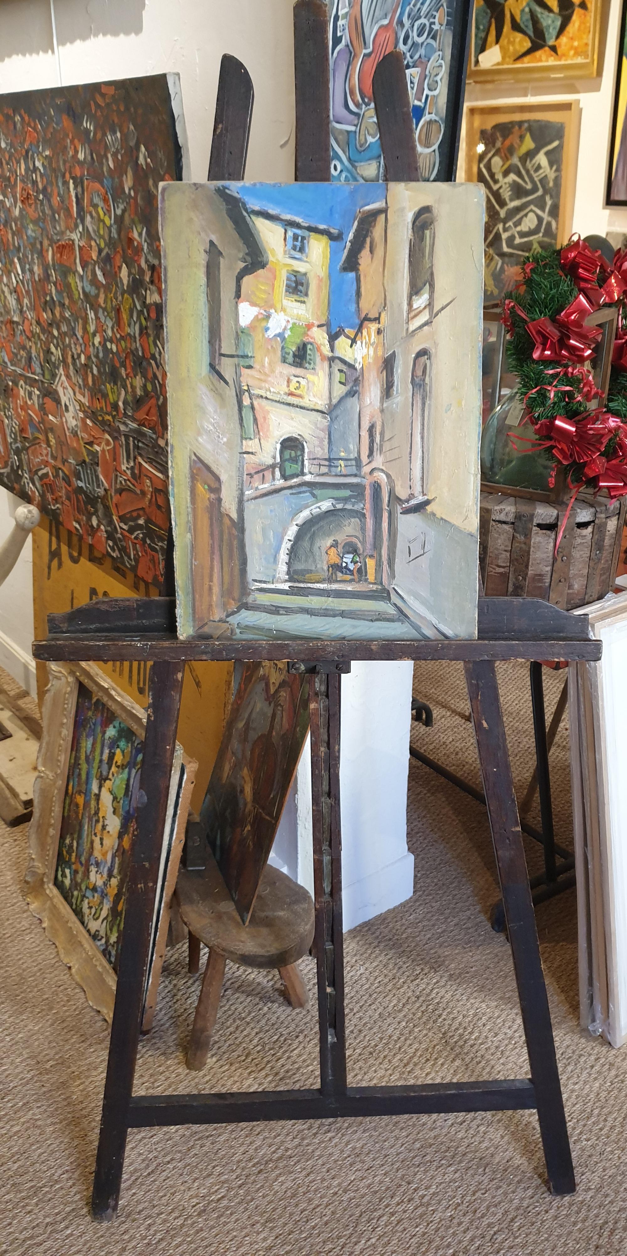 Scène de village provençal fauviste français. Huile sur panneau, milieu du siècle  - Painting de Hyppolite Roger
