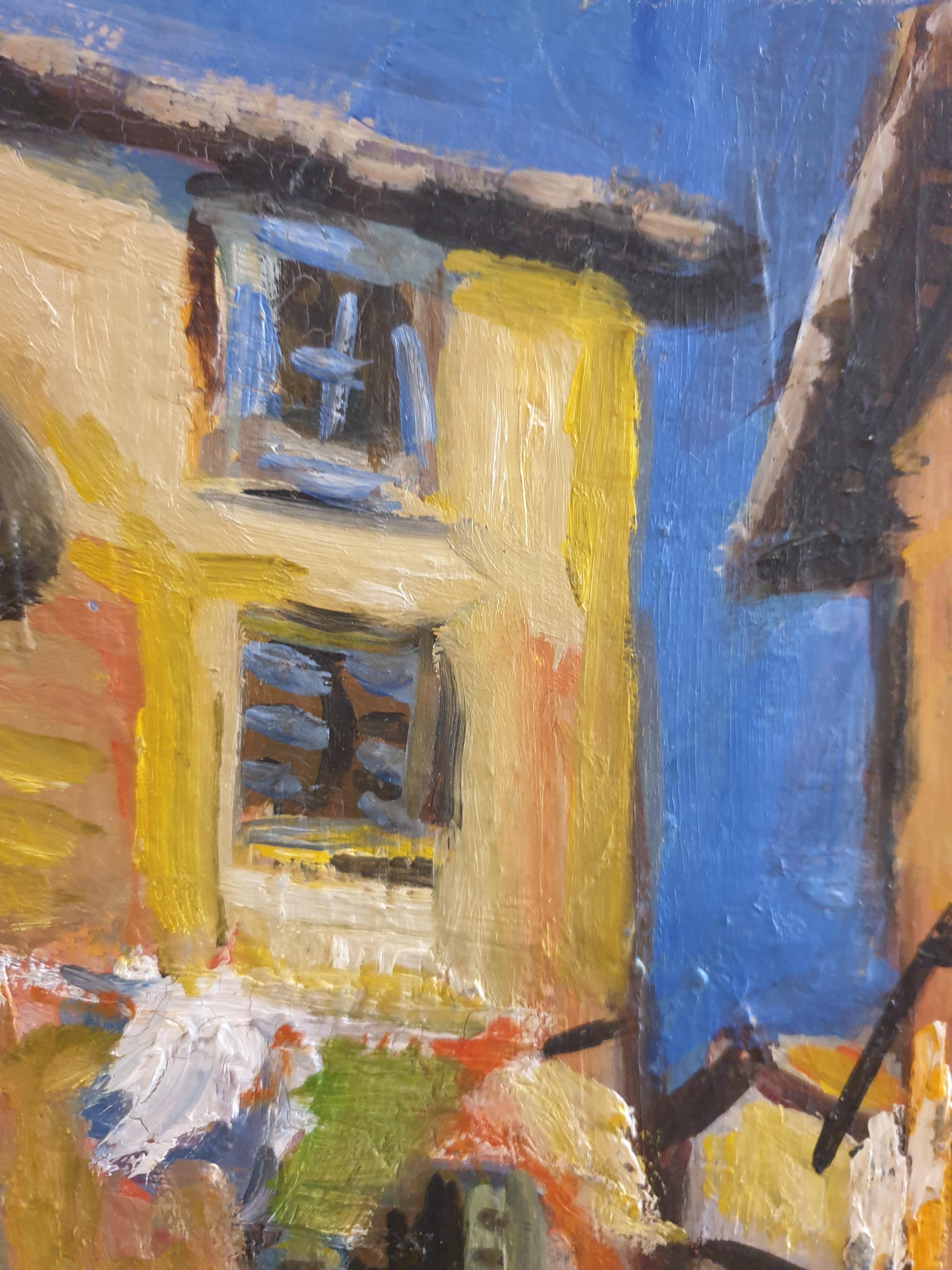 Scène de village provençal fauviste français. Huile sur panneau, milieu du siècle  - Fauvisme Painting par Hyppolite Roger