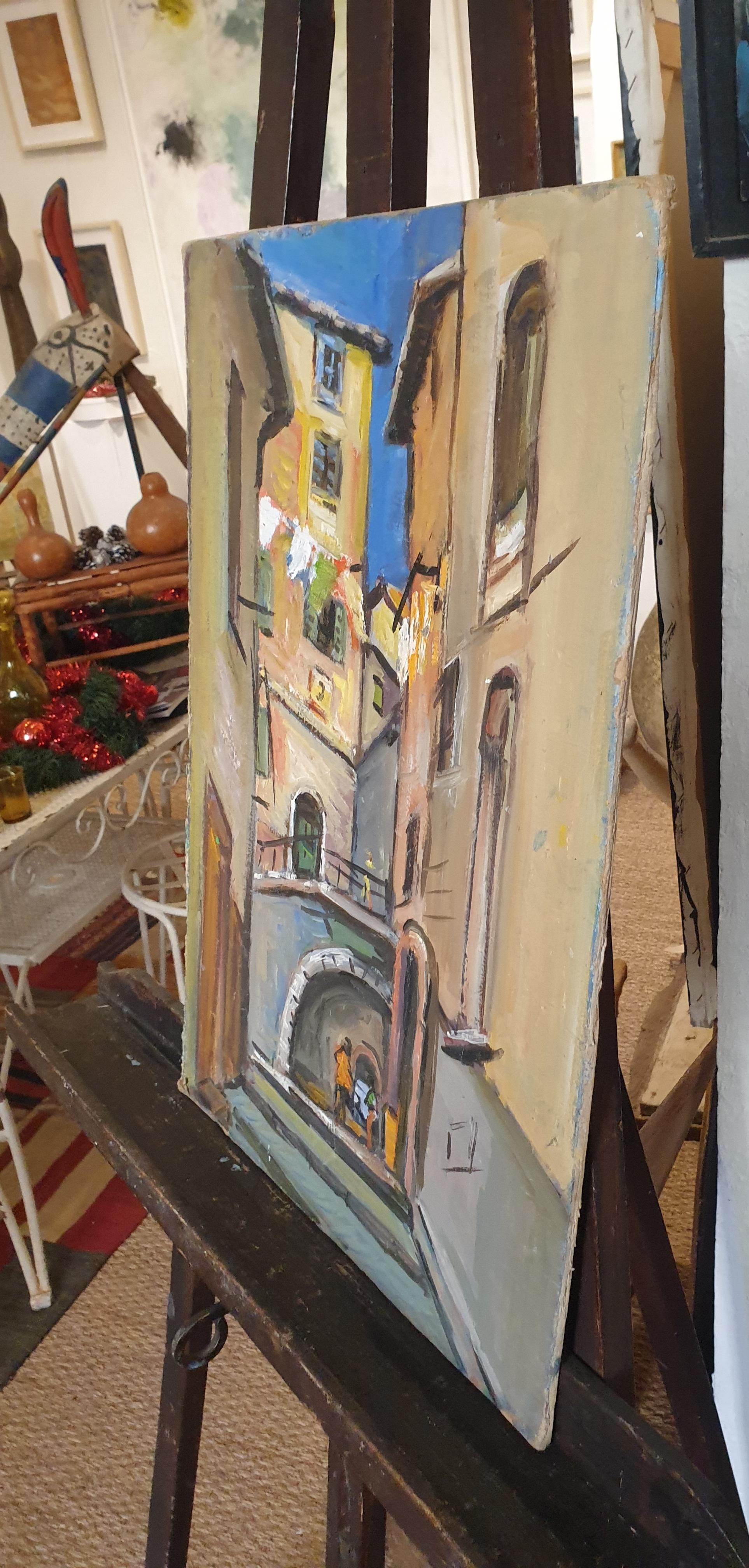 Scène de village provençal fauviste français. Huile sur panneau, milieu du siècle  en vente 4