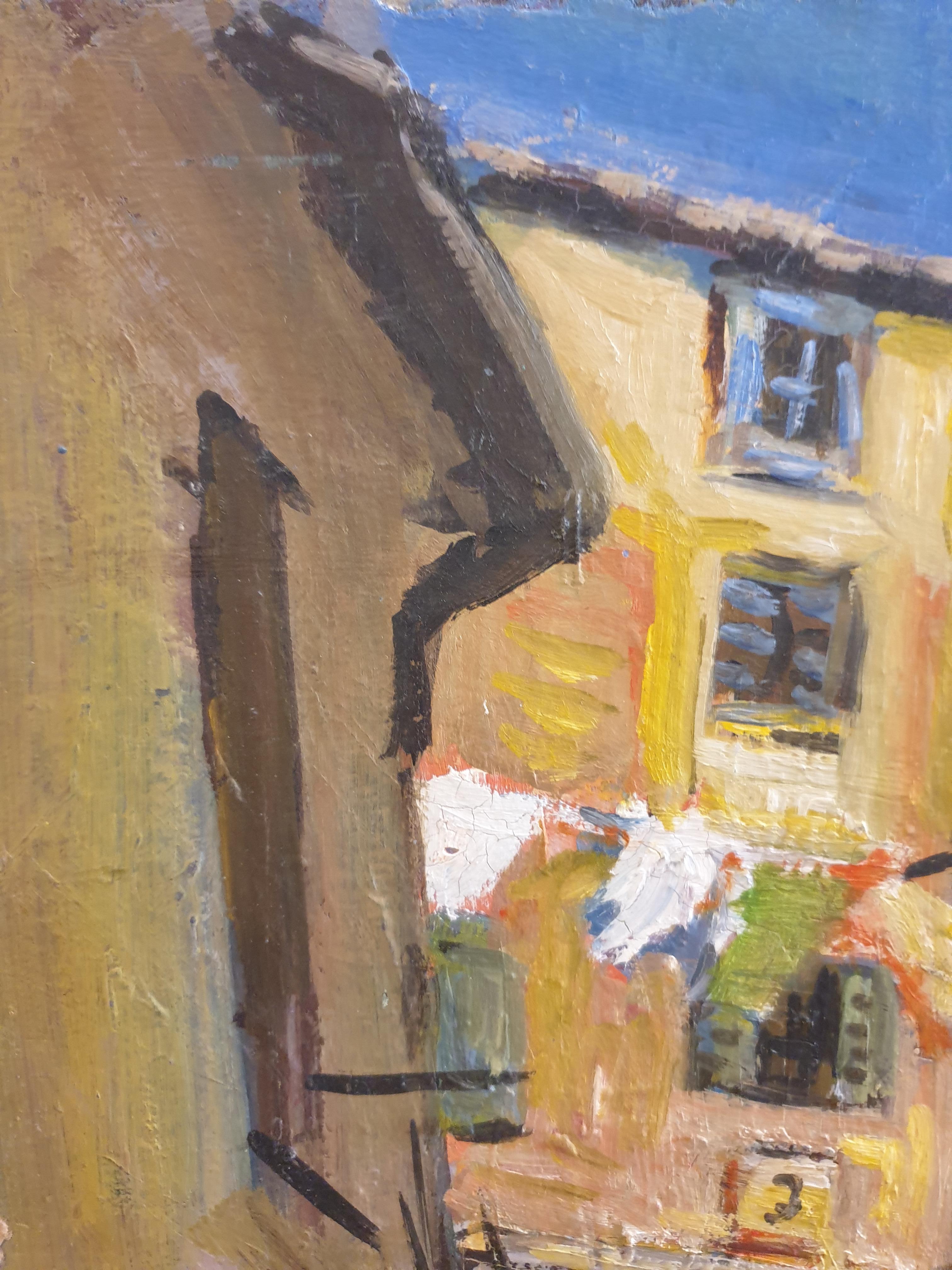 French Fauvist Provençal Village Scene. Mid-Century Oil on Board  For Sale 3
