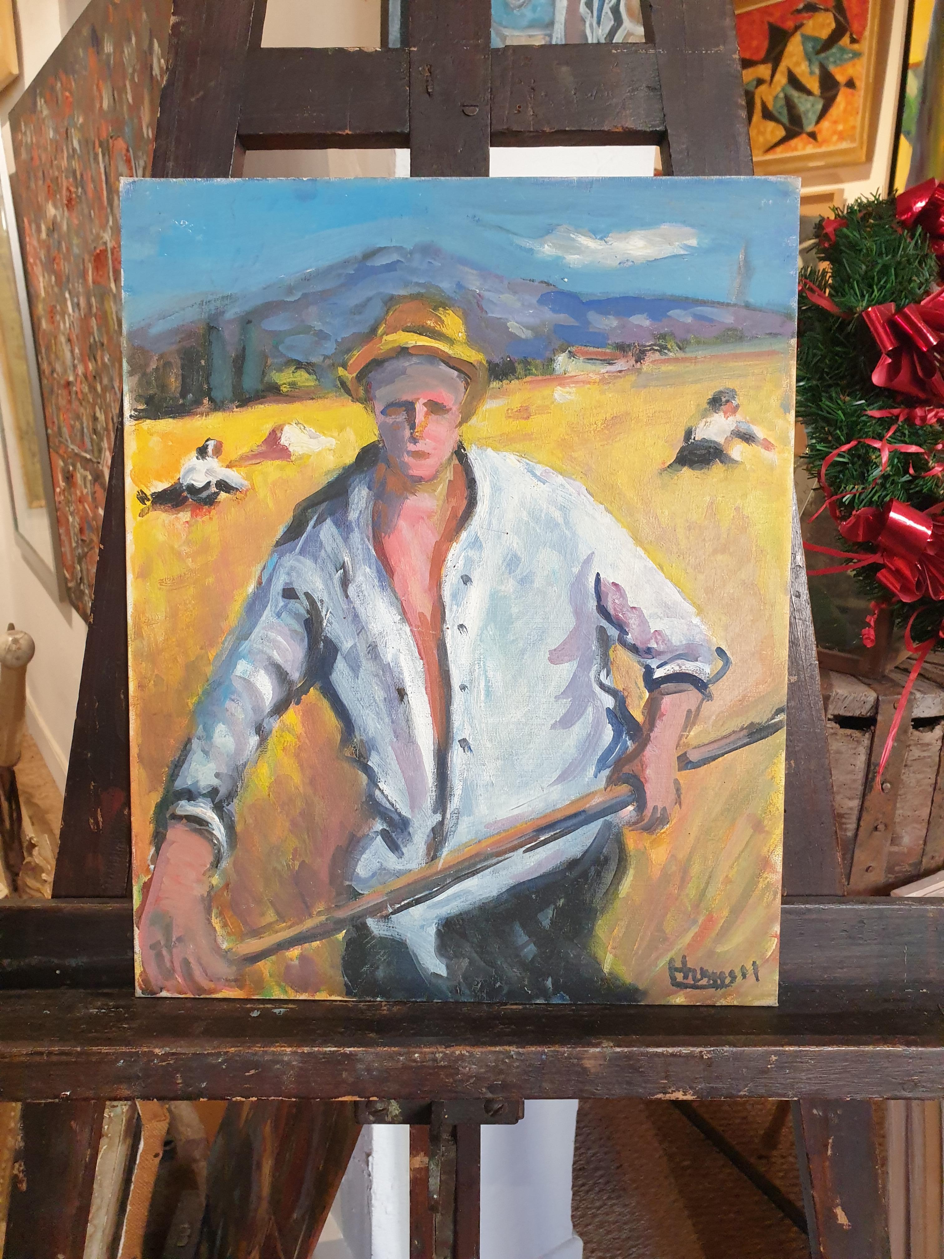 Le Faucheur, Bringing in the Harvest. French Fauvist Mid-Century Oil on Board. For Sale 7