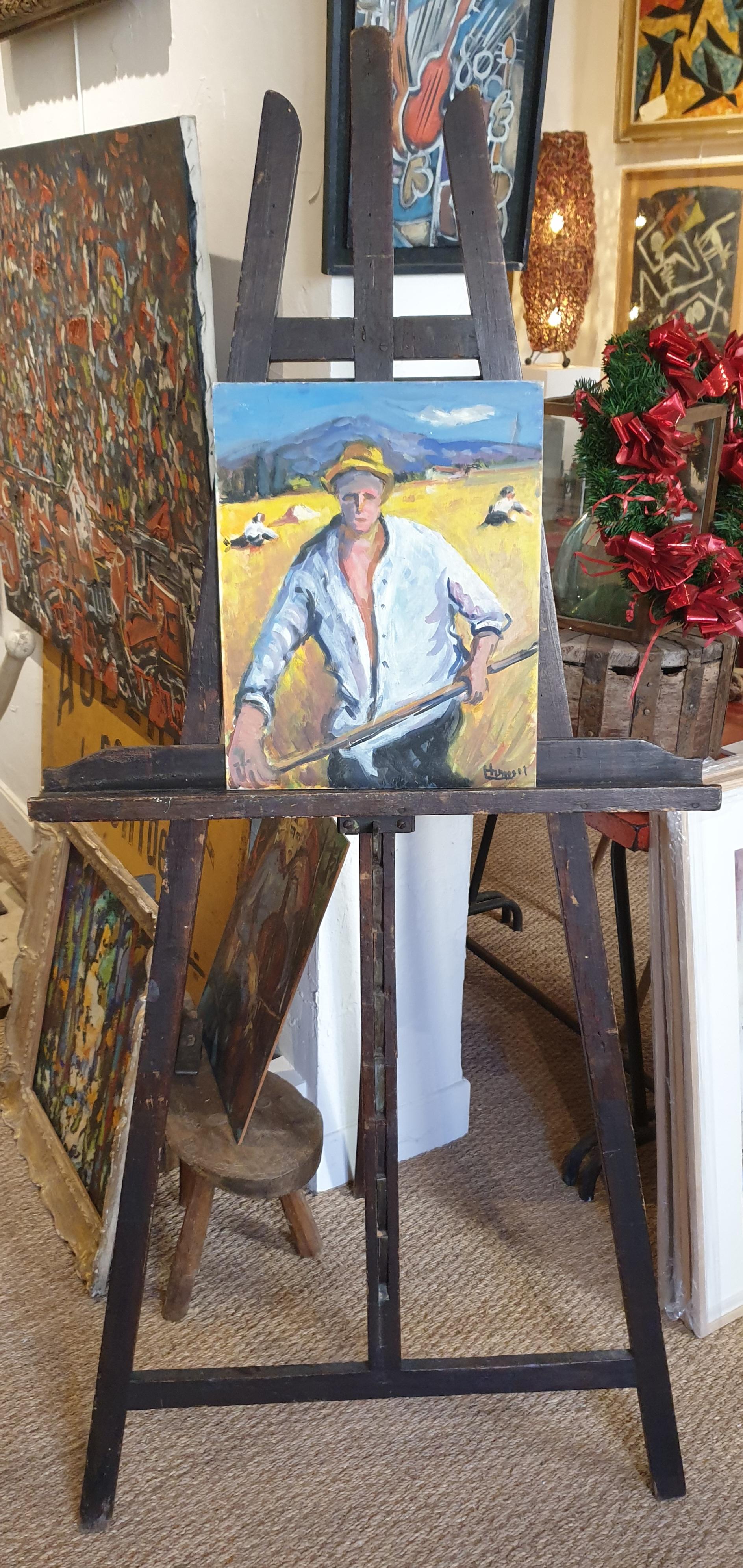 French Mid 20th Century oil on canvas board. Fauvist view of a young man, a faucheur, bringing in the harvest, probably painted near Nice in the South of France by Hyppolite Roger. The painting is signed bottom right by the artist.

A wonderfully
