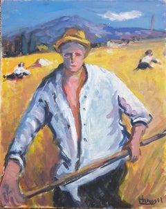 Le Faucheur, Bringing in the Harvest. French Fauvist Mid-Century Oil on Board.