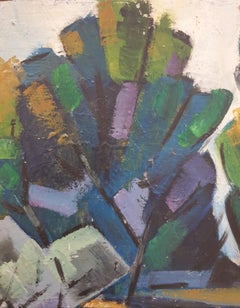 Olivi provenzali di metà secolo in un paesaggio. Olio su tavola.