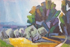 Olivi provenzali di metà secolo in un paesaggio. Olio su tavola.