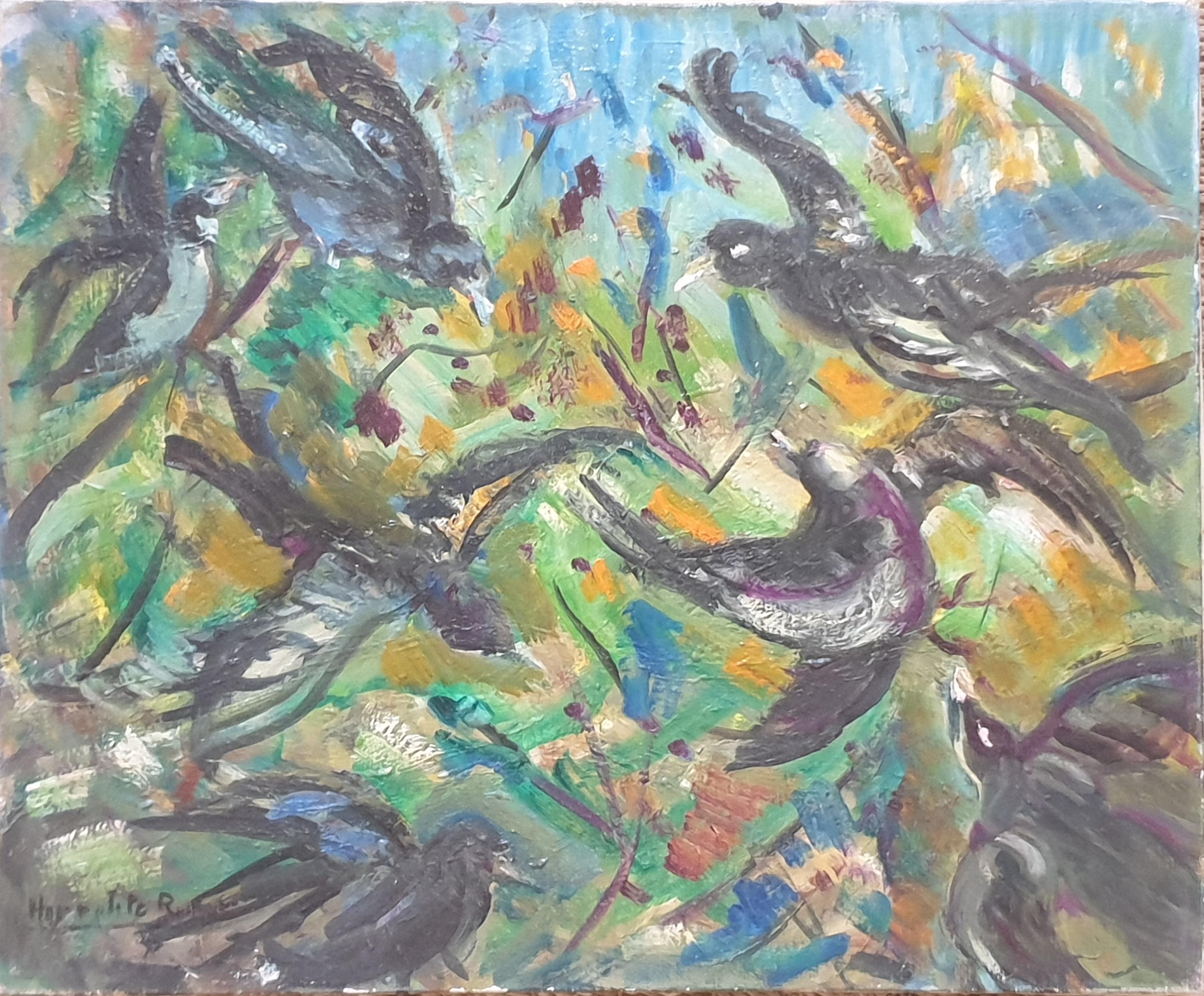 Hyppolite Roger Animal Painting - Swallows in Flight, French Mid-Century Oil on Canvas.