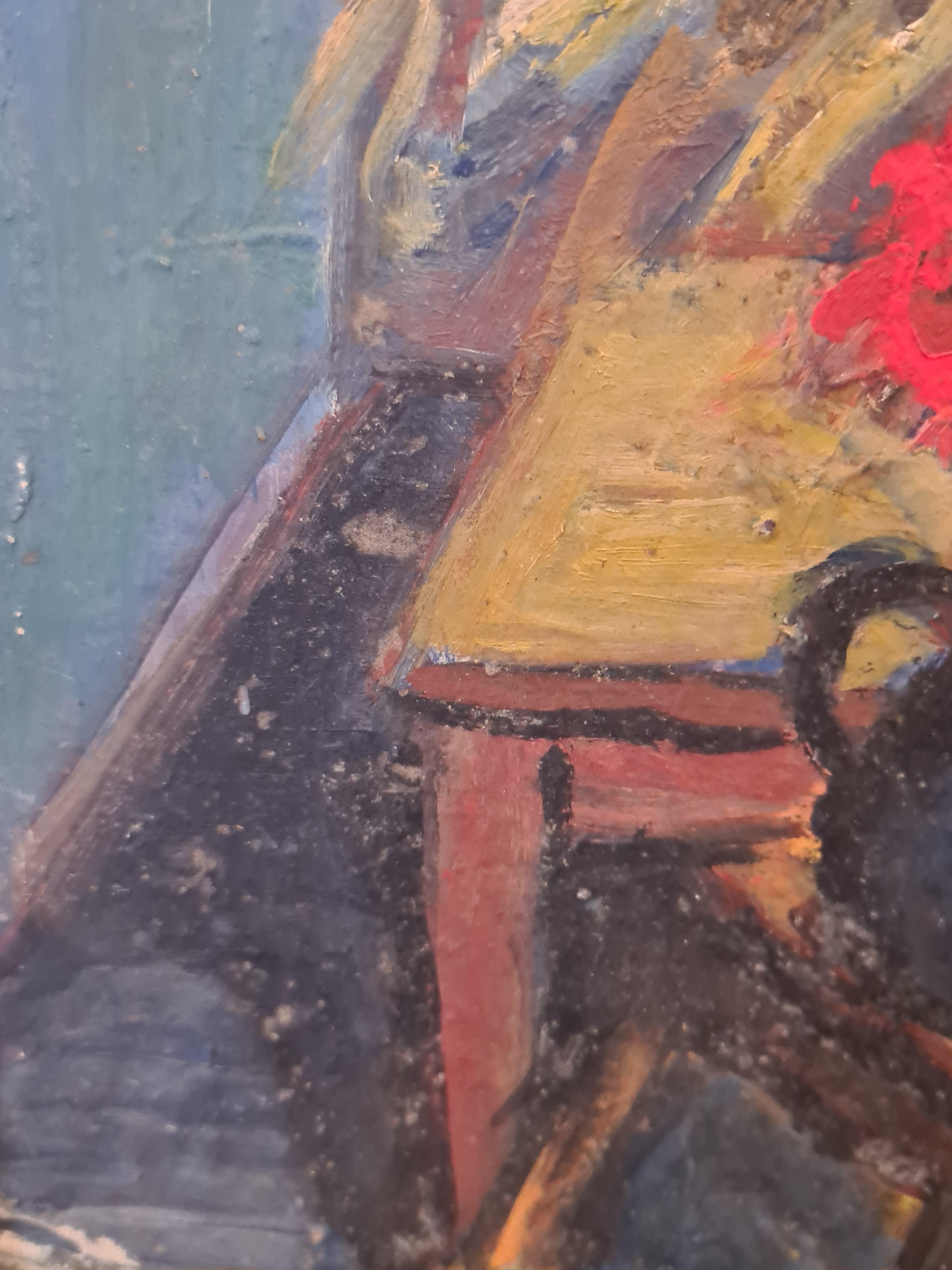 Óleo francés de mediados del siglo XX sobre tabla. El jarrón azul'. en venta 2