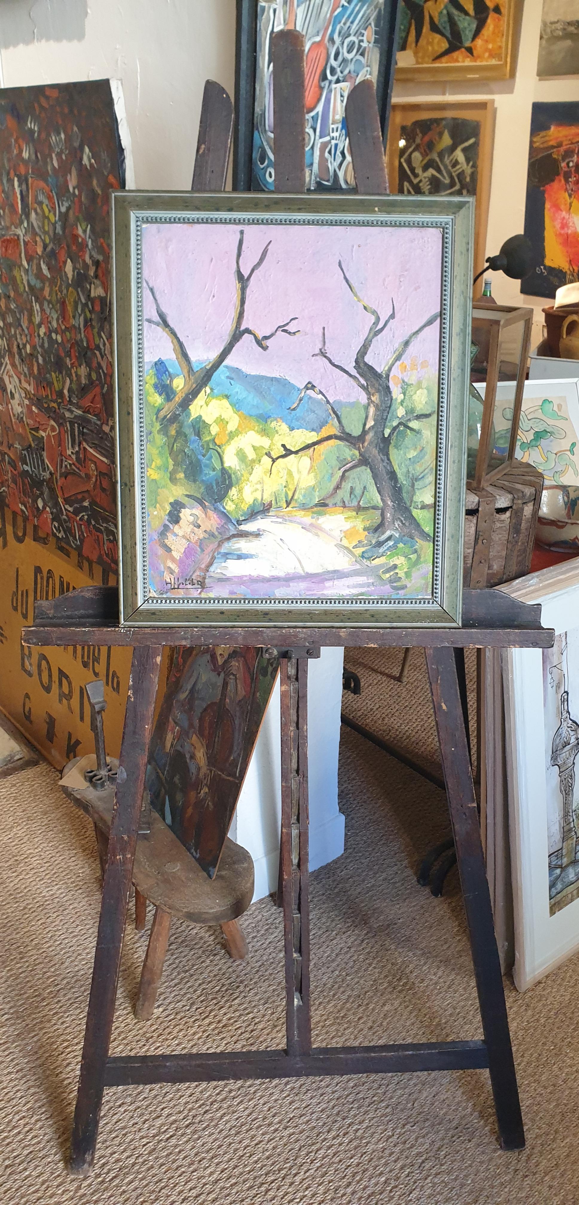 The Road, Mid-century Provençal, Fauvist Landscape. Oil on Board. For Sale 3